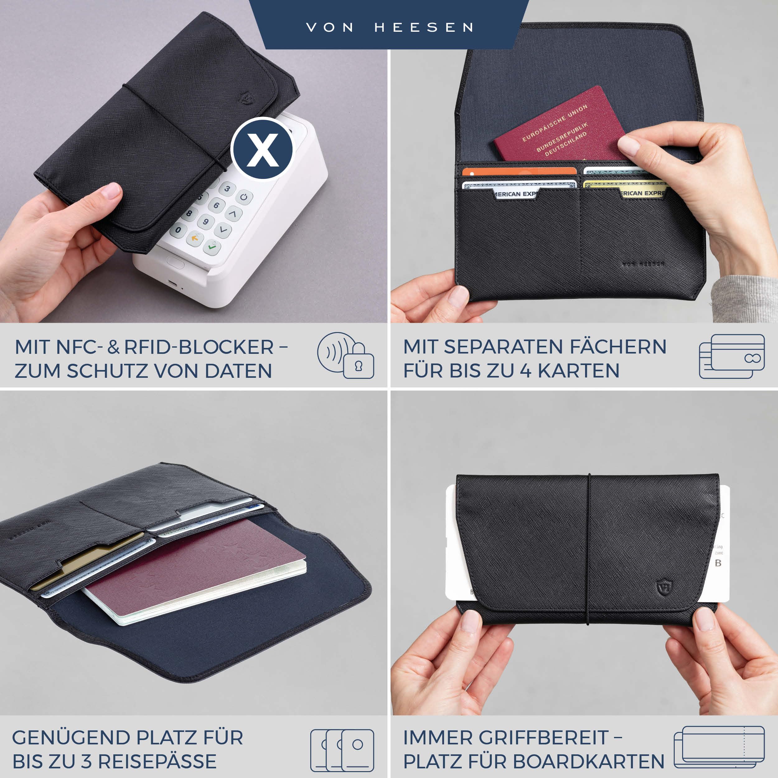 VON HEESEN Leder Reisepasshülle mit RFID-Schutz - Passport-Hülle aus echtem Leder - Reisepass-Organizer für stilbewusste Damen & Herren in Saffiano Schwarz