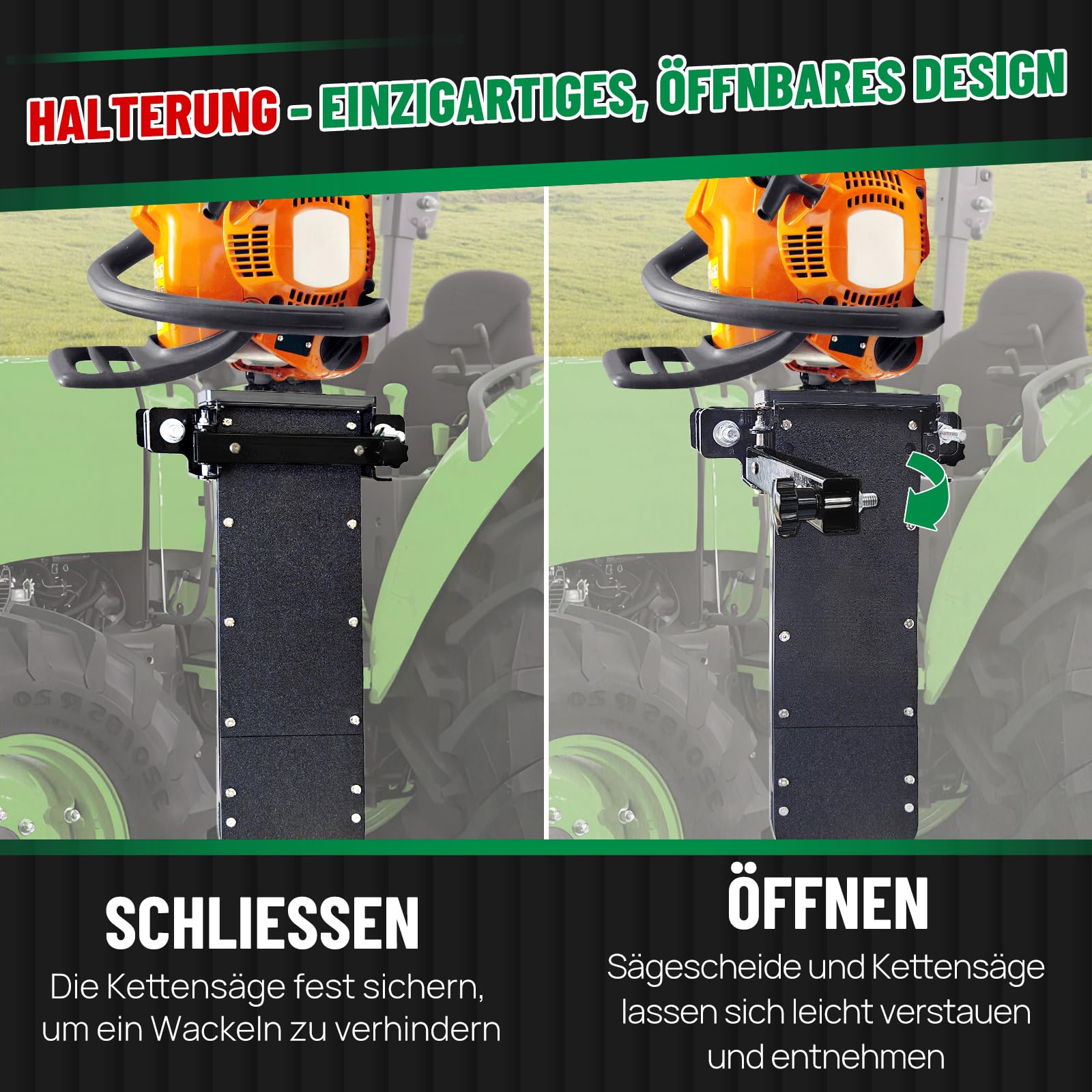 Zozen Hochleistungs-Kettensägenhalterung für Traktoren,passend für alle Kettensägengrößen,5,9kg–Seitlich zu öffnende Türhalterung+Sägescheide, tragbar, robust und wackelfrei, universelles Kettensägen.