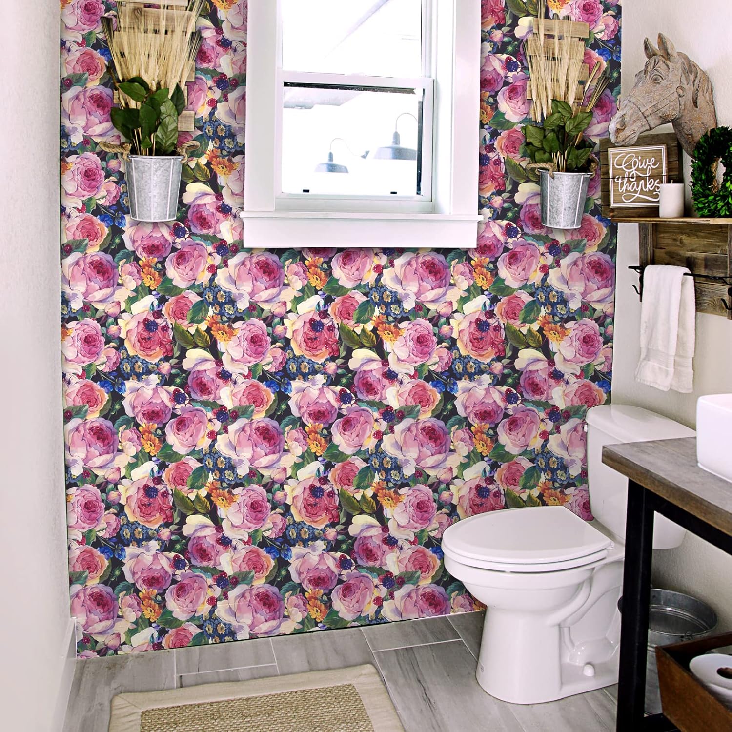 VaryPaper 17.7"x315" Dark Floral Wallpaper Peel and Stick Vintage Watercolor Peony Wallpaper Self Adhesive Flower Contact Paper Removable Floral Wall Paper for Bedroom Living Room Accent Wall