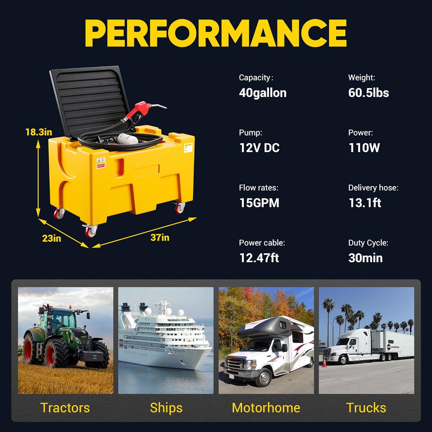 40 Gallon Portable Diesel Tank, 12V Electric Transfer Pump, Diesel Fuel Tank with 13.1FT Rubber Hose, 15 GPM Flow Rate, Safety Lock & Swivel Wheels, Fuel Transfer Tanks for Easy Transportation,Yellow