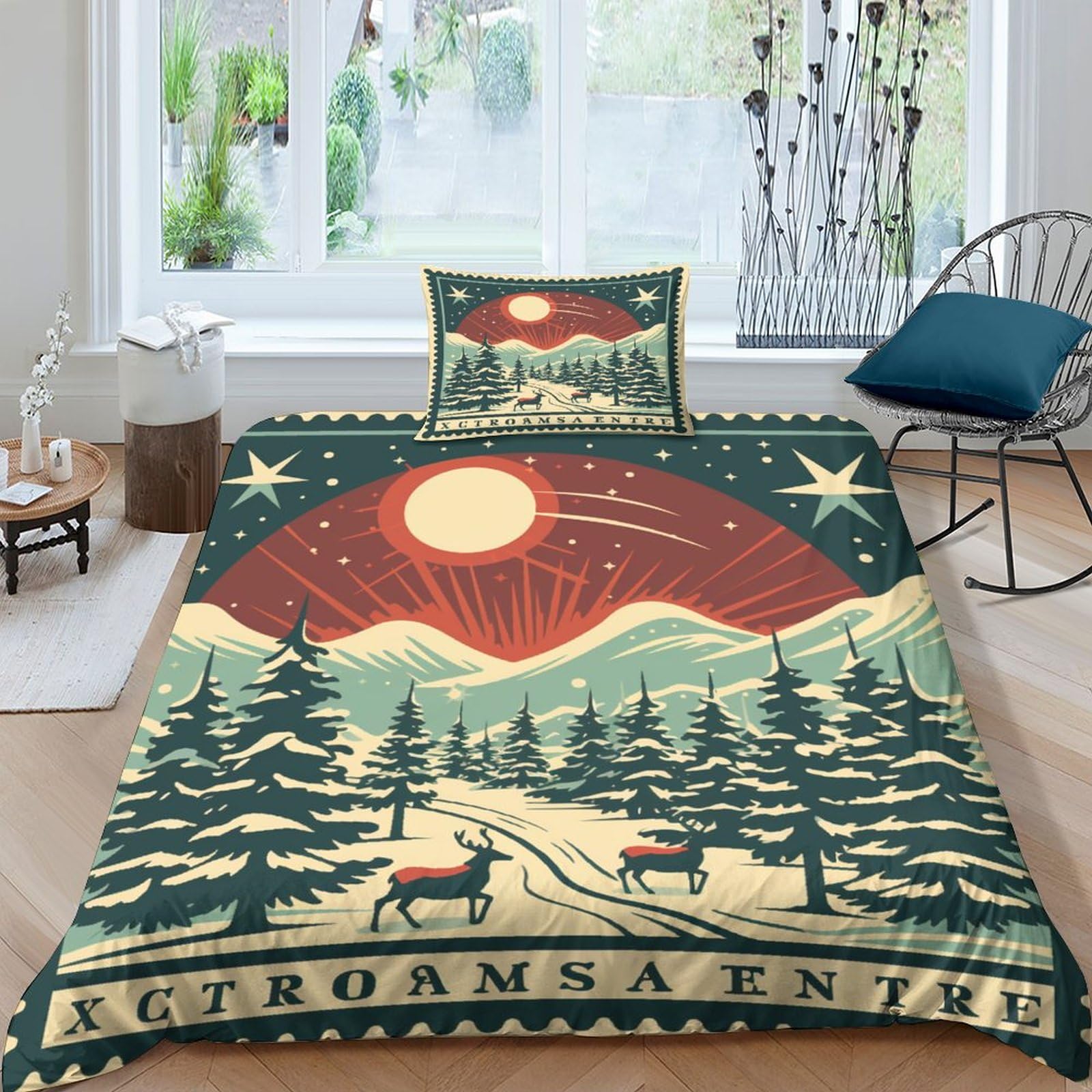 Housse de couette Noël 3D résolvant le glissement du lit grâce au zip intégré en microfibre