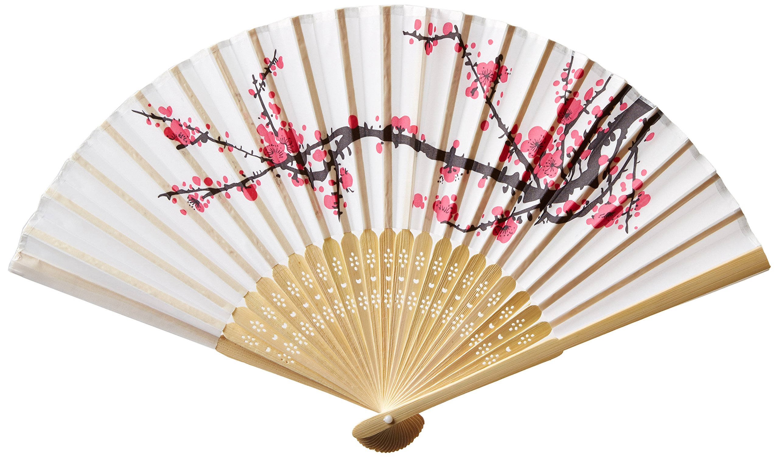 Fashioncraft Delicate Cherry Blossom Design Silk Folding Fan, 8.25 Inch, White with Pink/Black