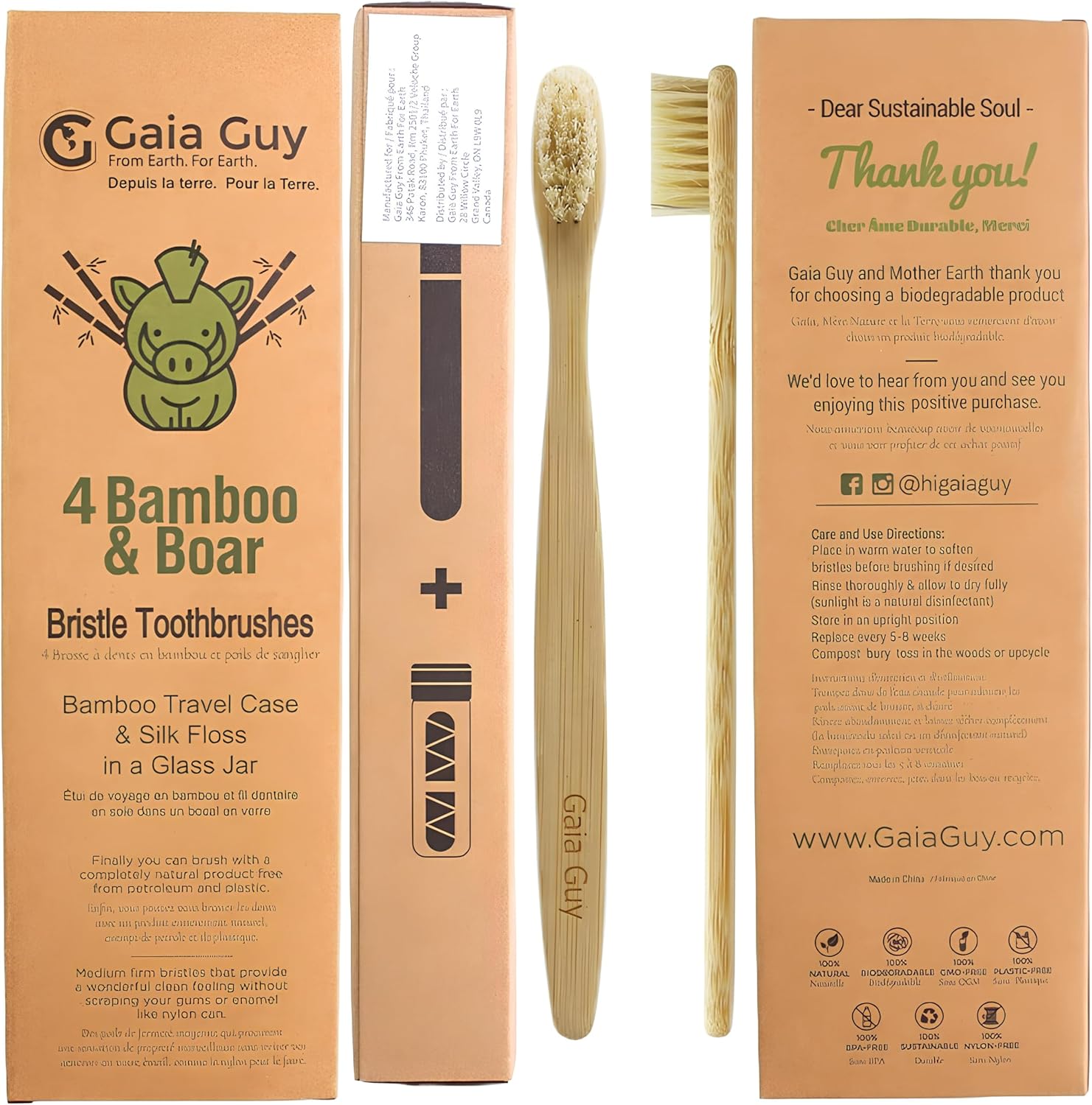 Gaia Guy Bamboo and Boar Bristle Toothbrush (4 Pack) + Travel Case & Silk Dental Floss | 100% Compostable Bristles and Floss | Eco-Friendly Dental Set | Biodegradable & Compostable Wooden Toothbrushes