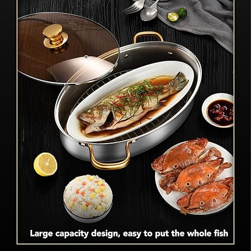 Miniatura 3 de Vaporizador de pescado de acero inoxidable, olla ovalada resistente con tapa de sartén de cerámica, olla de cocina multiusos para cocinar sopa de