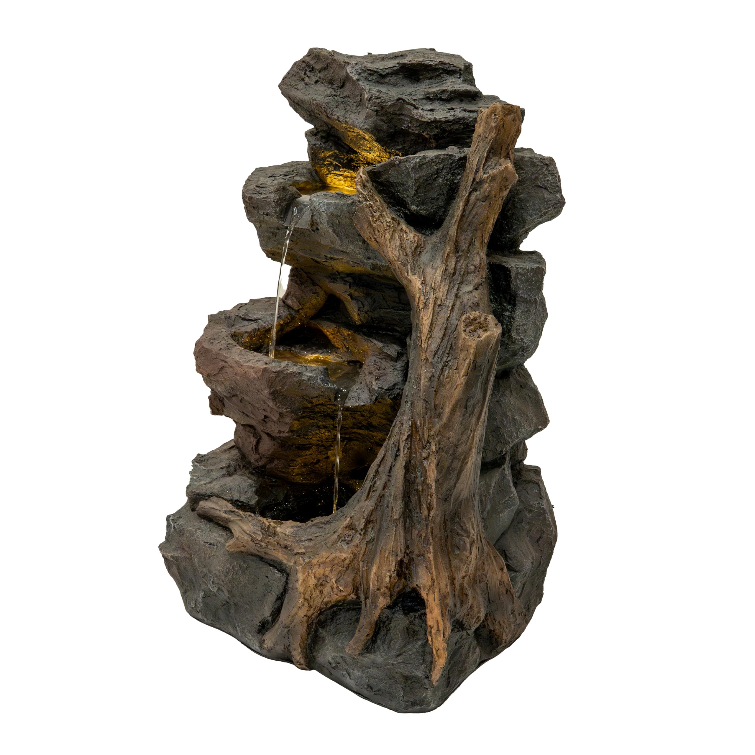 Fontana Cascata da Esterno in Poliresina Grigia con 3 Luci LED Bianche Calde, Pompa Elettrica, Cavo da 7m – Willow Springs + Spazzola per Pulizia Inclusa