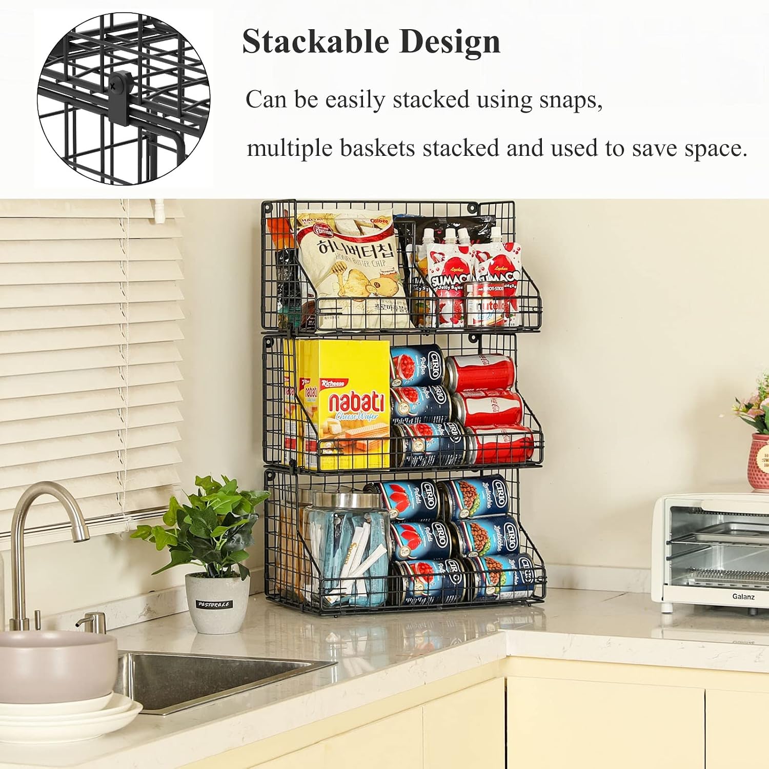 X-cosrack Stackable Wire Baskets for Pantry Storage and Organization,Food Packet Organizer with Removable Dividers,Multifunctional Pantry Baskets for Snack Spice Canned Food