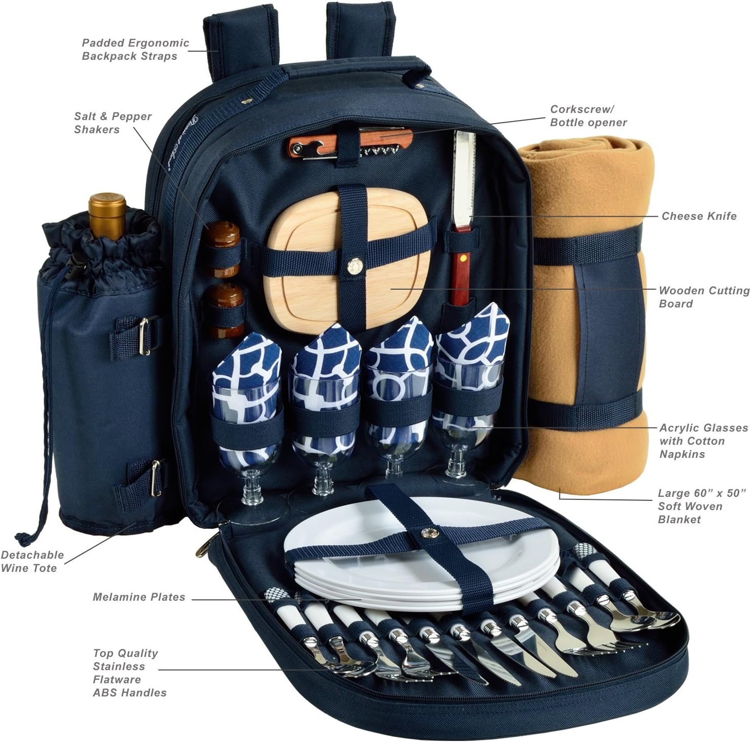 Picnic at Ascot Original Equipped Backpack for 4 with Blanket - Extra Bonus Cooler - Designed & Assembled in California - Trellis Blue