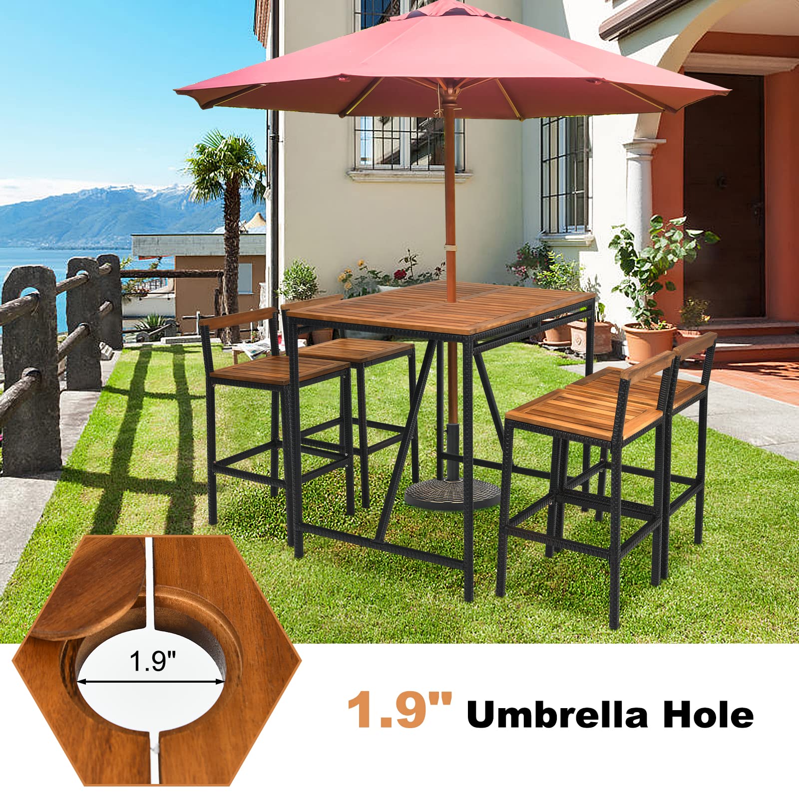 Umbrella Hole Bar Height Patio Dining Brown W Metal Outdoor Round