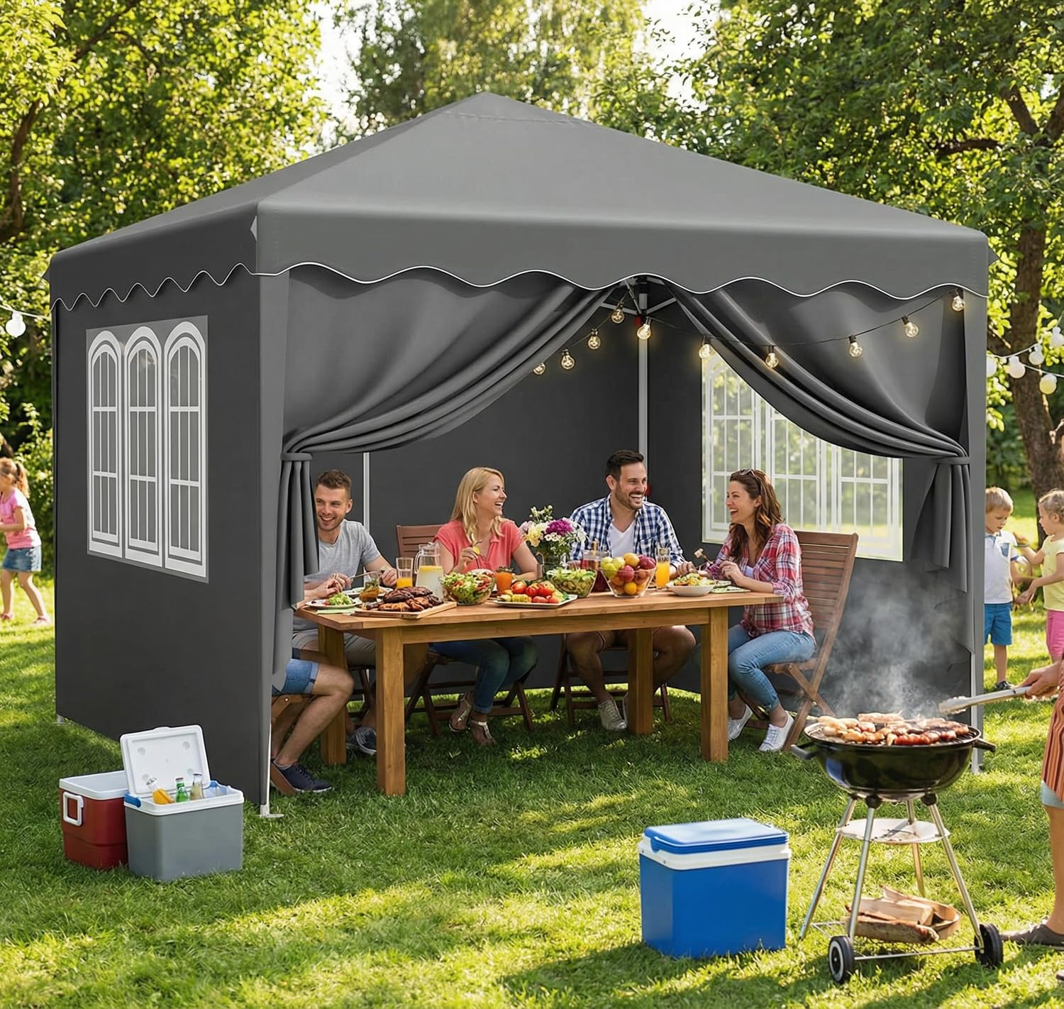 Pavillon 3x3, Faltpavillon Stabil Winterfest mit Oxford, UV Schutz 50+, Faltpavillon mit Seitenteilen, 4 PCS Sandsack, Gartenpavillon Höhenverstellbar, Faltbare Pavillon Zelt für Camping Grau