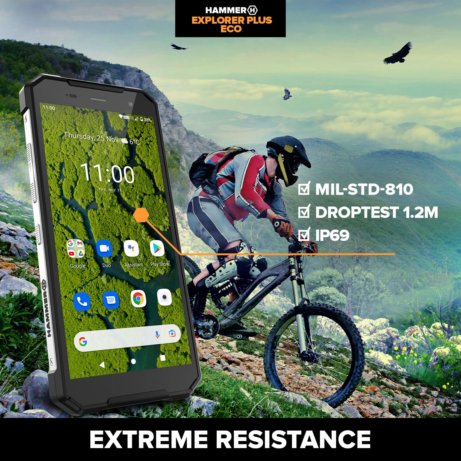 Hammer H Explorer Plus Eco, smartphone robusto, Display IPS da 5,7" HD+, 4 GB DI RAM, 64 GB di memoria interna, USB-C, GPS e A-GPS, Android 11, 5000 mAh, IP69, 13 Mpx, 4G LTE, Doppio SIM, argento