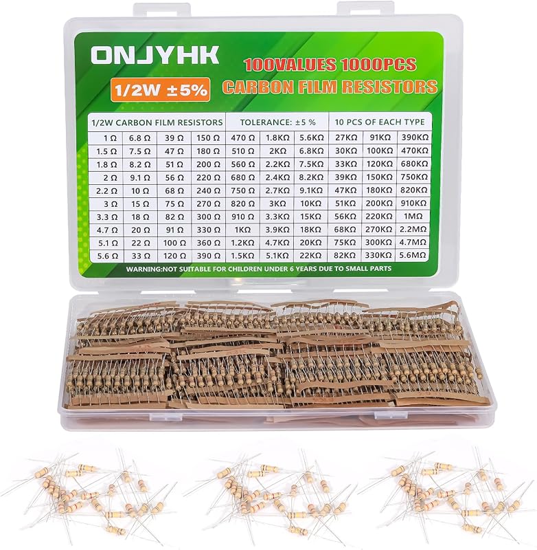 100Values 1000PCS 1/2W Resistor Kit Carbon Film Resistors Assortment 1 Ohm to 5.6M Ohm 1/2Watt 5% Resistencia Eléctrica Assorted Set