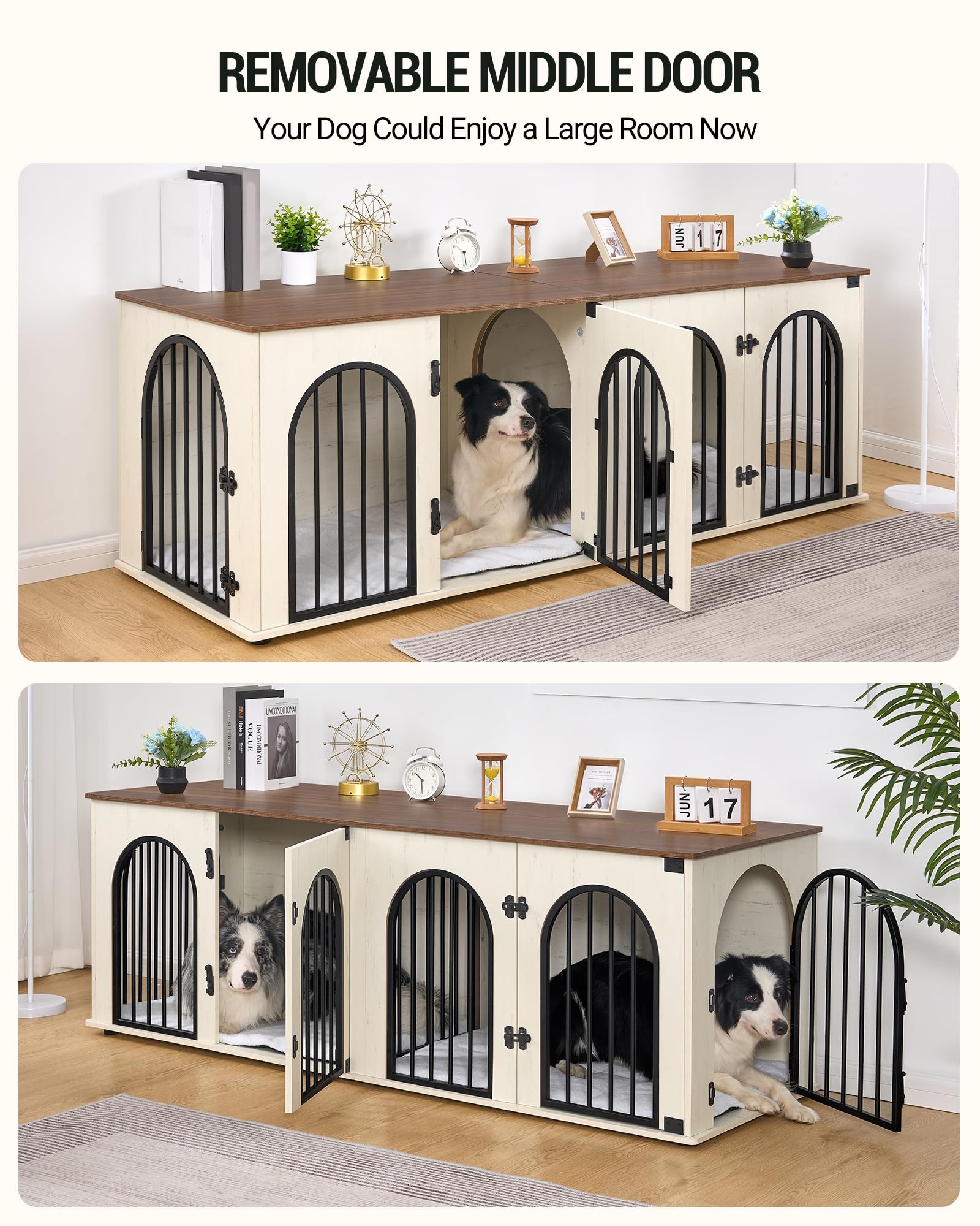 Hzuaneri Jaula para Perros Doble de Madera, Mueble Jaula con Divisor y Cojines para 2 Perros Medianos y Grandes, Mesa para Perros Estilo Mueble TV 180cm, Jaula Decorativa, Blanco y Marrón DFC91914B