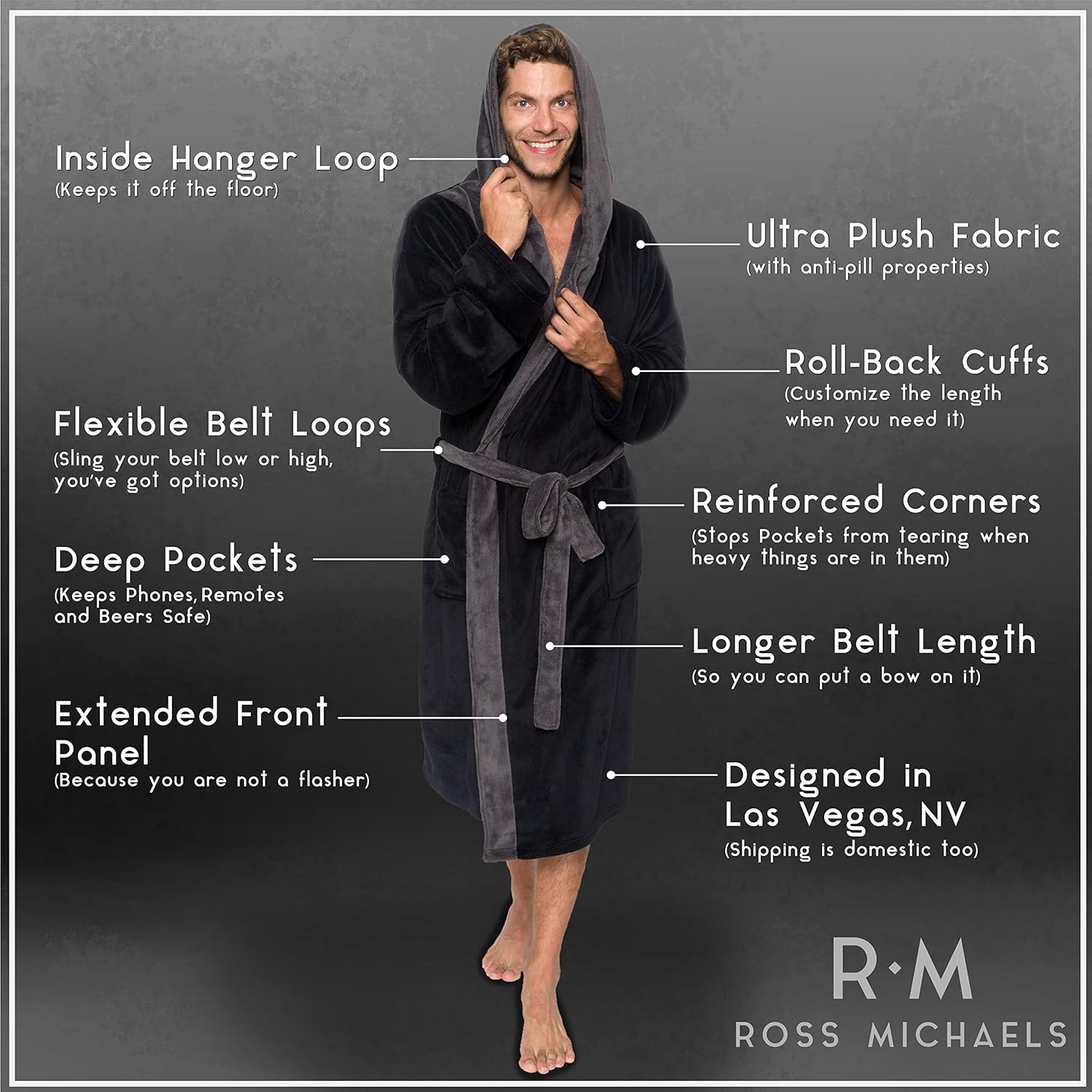 Ross Michaels Mens Robe Hooded Wrap Style - Mid Length Plush Fleece Bathrobe - Image 5