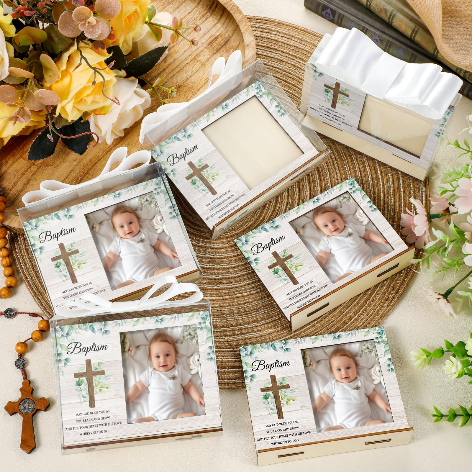 Vercraft Bilderrahmen zur Taufe, katholische Taufgeschenke, Holz-Bilderrahmen, Babyparty, Gastgeschenk mit transparenten Kunststoffboxen und Satinband-Schleifen für religiöse Erstkommunion, 12 Stück