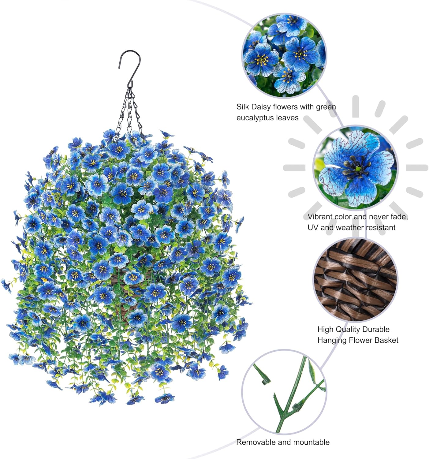 HyeFlora Artificial Hanging Flowers Basket for Outdoor, Fake Flowers Faux Plants Look Real for Yard Gardens Porch Patio Home (Blue) - Image 2