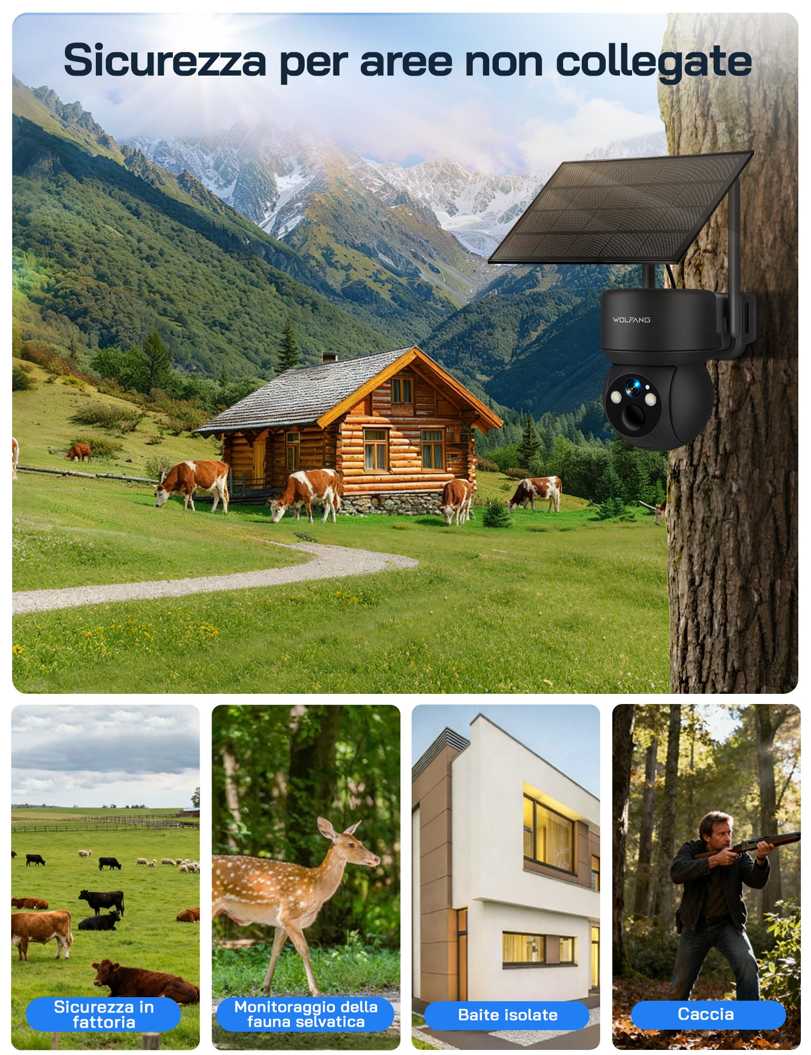 WOLFANG Telecamera Esterno 4G con SIM, Telecamera Esterno 360° PTZ, Visione Notturna a Colori, Rilevazione di Movimento PIR con Allarme, IP66, Audio a 2