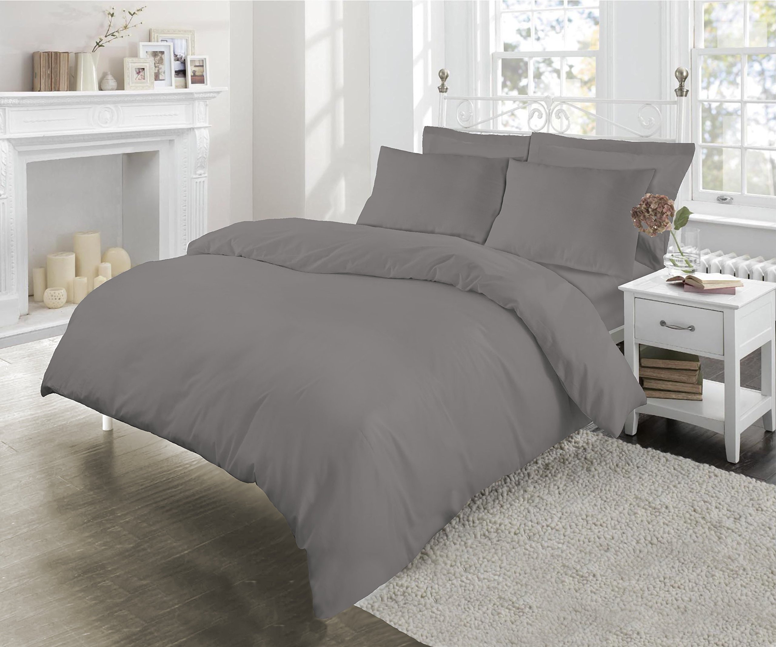 Clicktostyle Grey Clicktostyel ® 180Tc Percale Luxury Duvet Cover Set With Pillow Cases Fine Beding (Double)