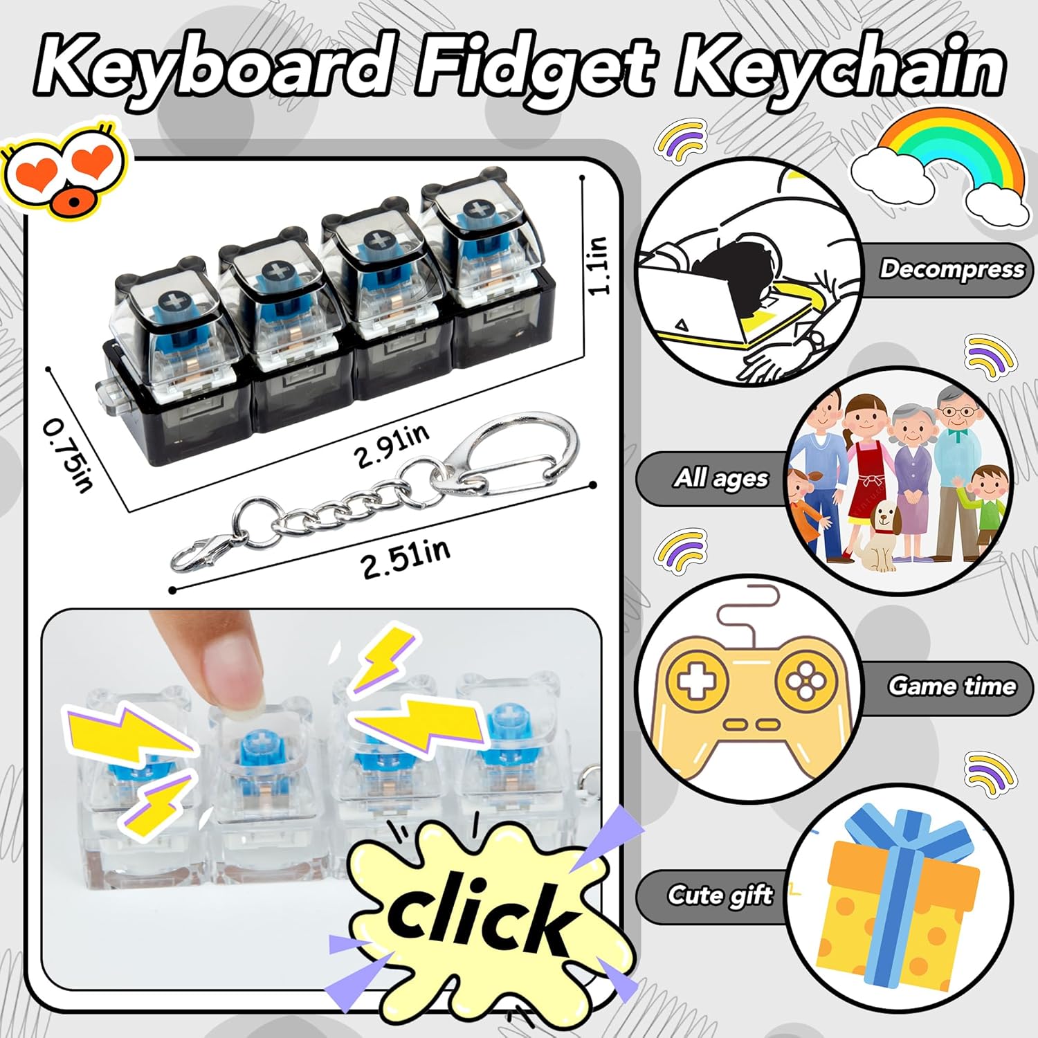 2 PCS Clear & Black Keyboard Fidget Toy, Bear Shape Keyboard Fidget Keychain 4-in-1 Keyboard Decompression Button Finger Clicker Toys, Button Stress Relief Fidget Gifts to Relief Stress (Bear)