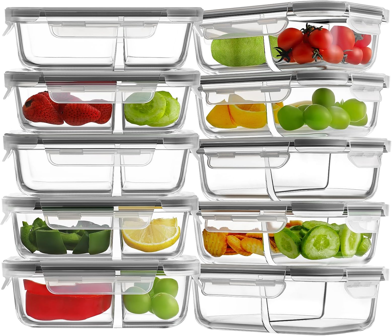 10 Pack 24oz Glass Meal Prep Containers 2 Compartment, Glass Food Storage Containers with Lids, Airtight Lunch Bento Boxes, BPA-Free & Leak Proof (10 lids & 10 Container) - Grey