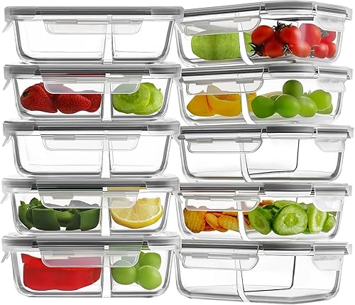 Miniatura 8 de Paquete de 10 recipientes de vidrio para preparación de comidas, 2 compartimentos, recipientes de vidrio para almacenamiento de alimentos con tapas,