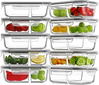 HOMBERKING 10 Pack 24oz Glass Meal Prep Containers 2 Compartment, Glass Food Storage Containers with Lids, Airtight Lunch Bento Boxes, BPA-Free & Leak Proof (10 lids & 10 Container) - Grey