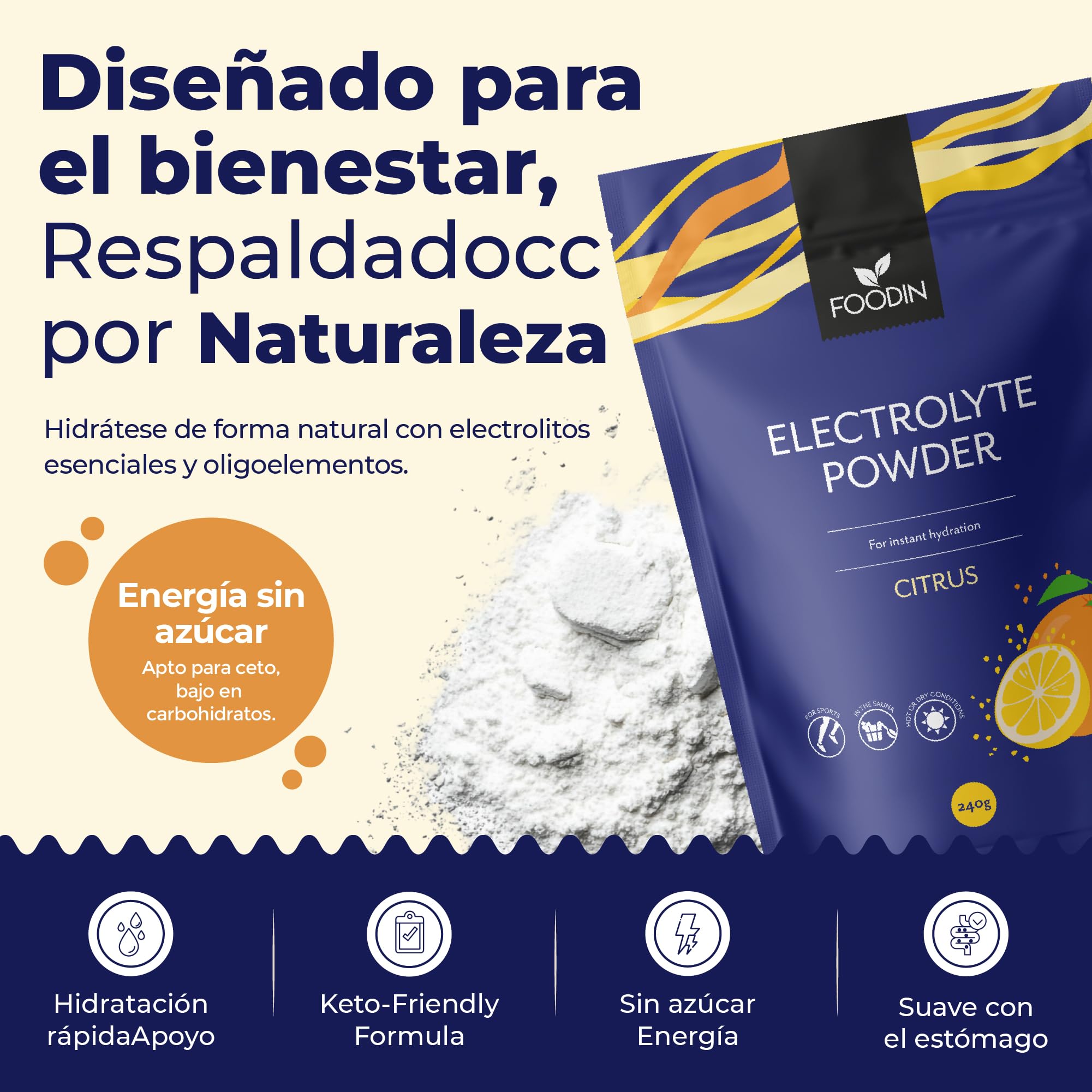 FOODIN Polvo Electrolítico sin azúcar 240 g – bebida isotónica en polvo para hidratación rápida, energía natural, dieta keto y vegana (Citrus)
