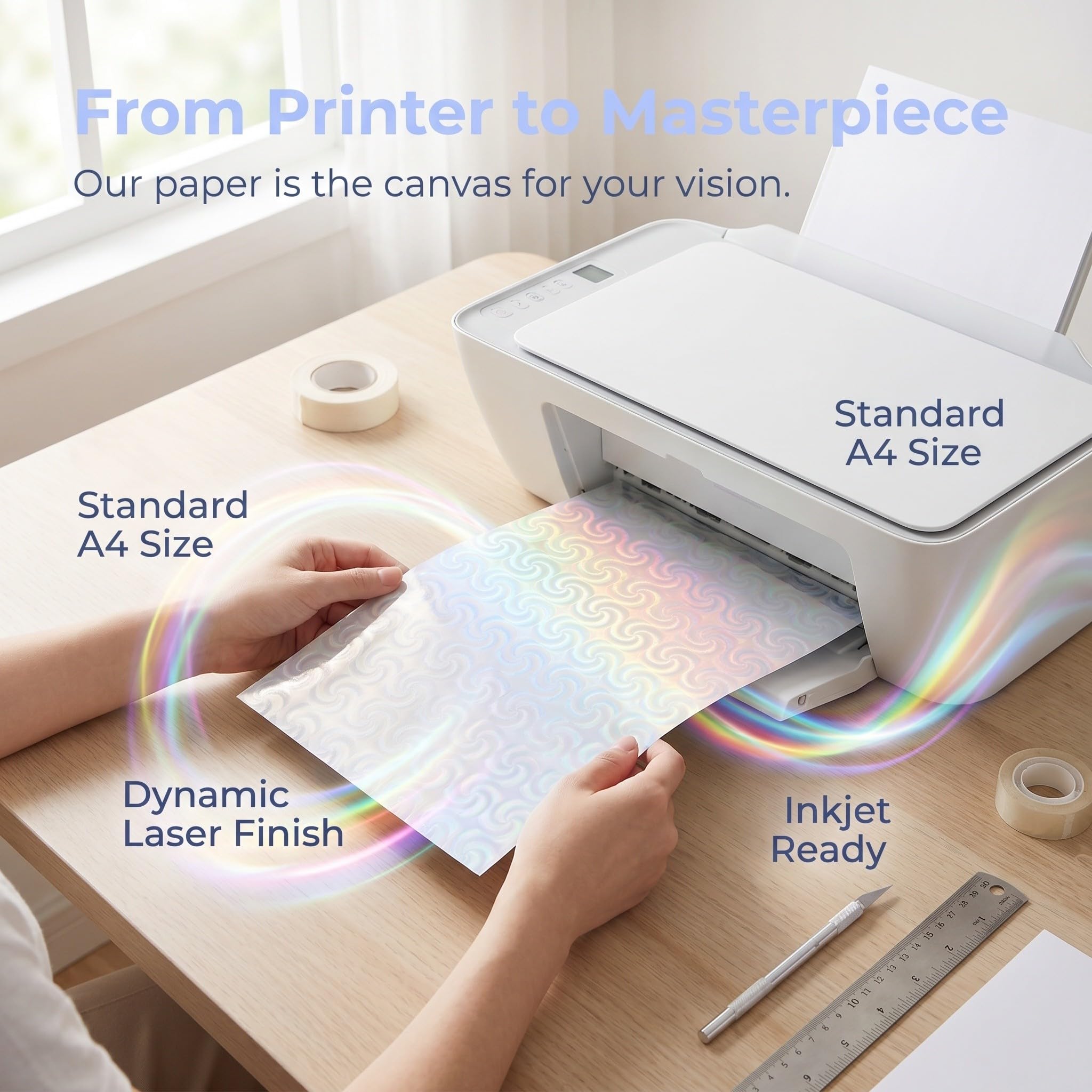 Kisangel 20 hojas de papel adhesivo holográfico para impresoras de inyección de tinta y láser - Impermeable y autoadhesivo - Tamaño A4 (28 x 21,5 cm) - Papel imprimible para decoración del hogar y