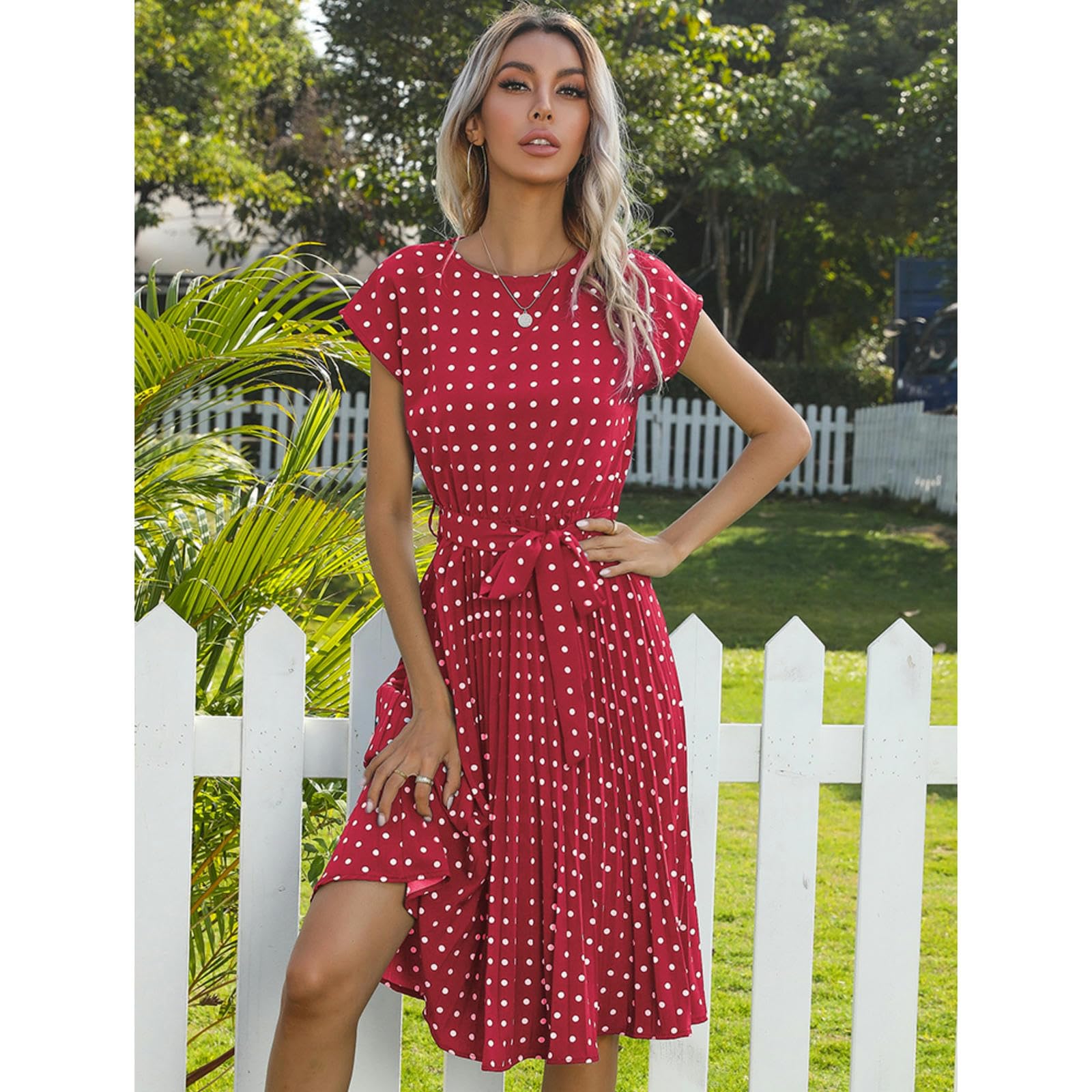 NOGRAX Sukienki damskie plażowe Sundress z krótkim rękawem nadruk w kropki Vestido linia A kwiatowy wysoki stan plisowane sukienki midi