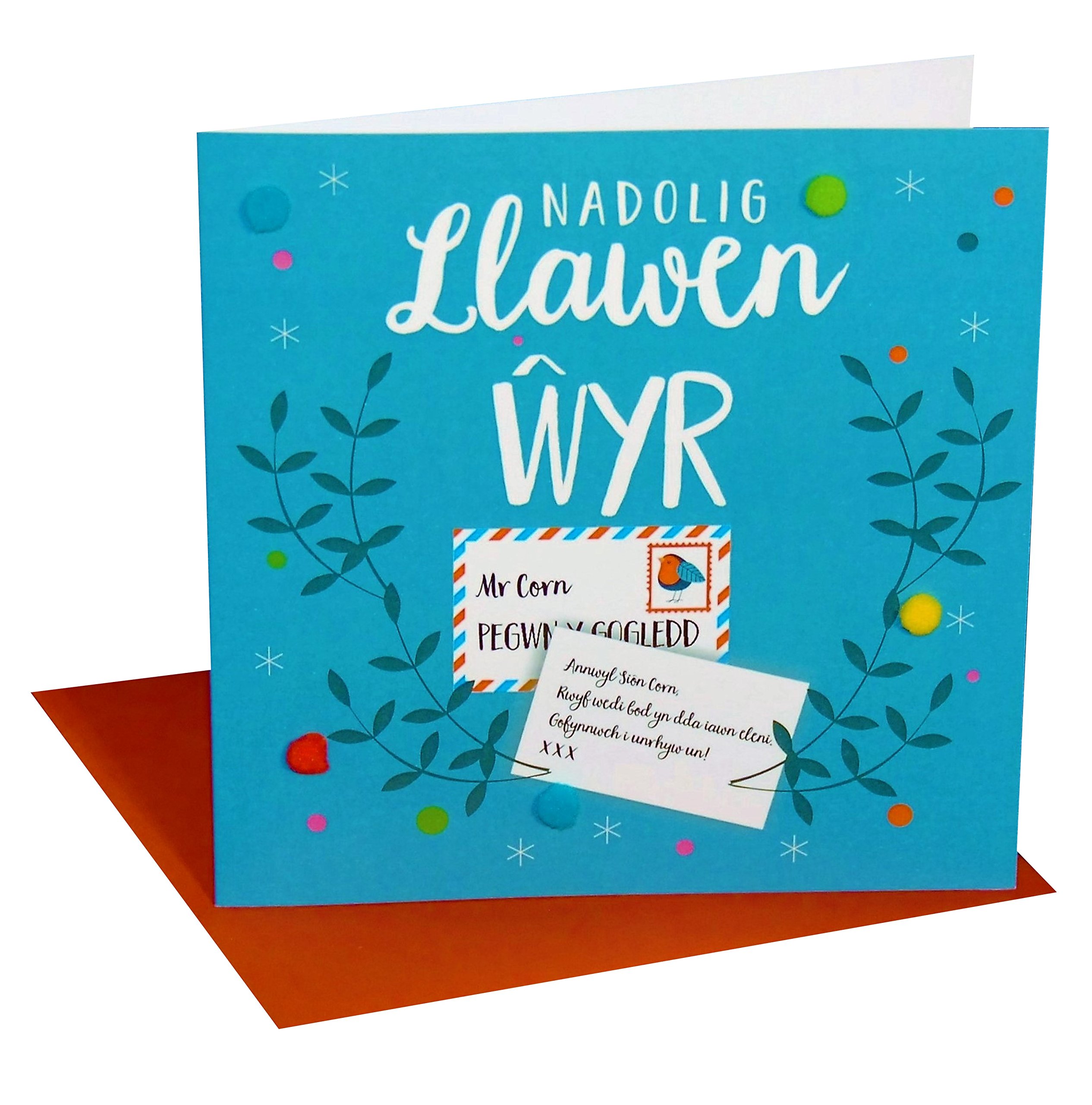 Claire Giles Greeting Cards, Welsh Happy Christmas Grandson Card, Nadolig Llawen wyr, Embellished with Colourful Pompoms