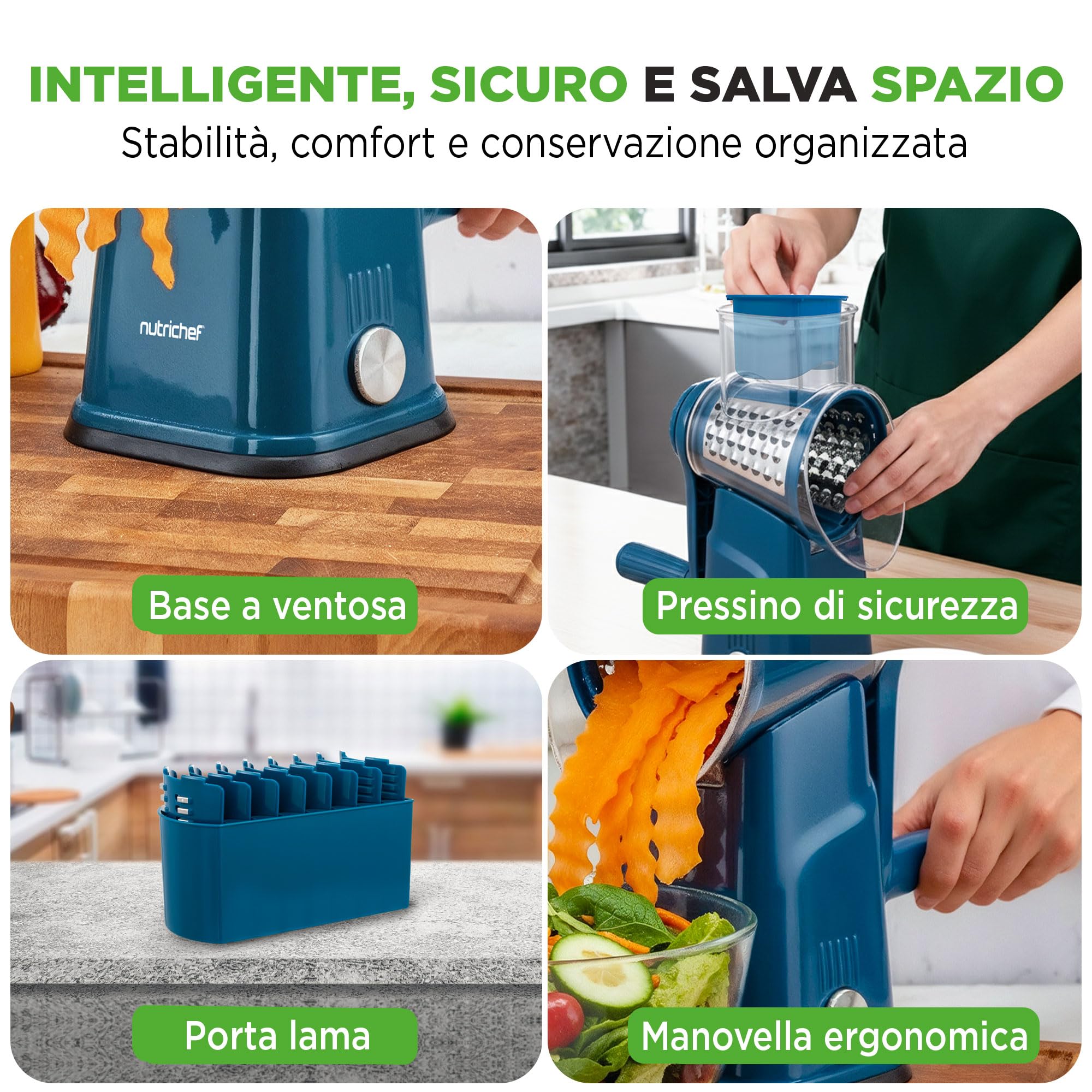 NutriChef Mandolina per Verdure 5 in 1 e Grattugia Formaggio per Cucina, Affetta Verdure con 5 Lame Intercambiabili, Manovella, Base a Ventosa e Contenitore, Accessori Cucina, Blu