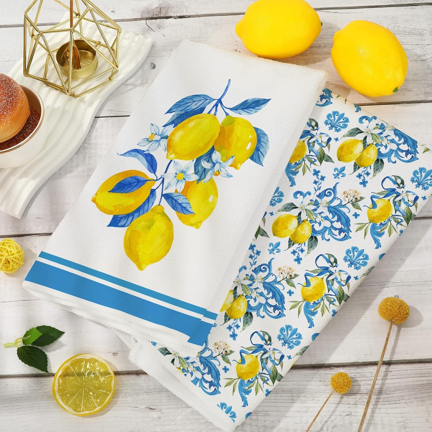 Geschirrtuch Zitrone, Zitronen Deko 2 Stück 40x60 cm Küchentücher Geschirrtücher mit Blumen Floral Sommer Design, Saugfähig und Schnell Trocknend, Frühling Sommer Dekoration Handtücher für Küche