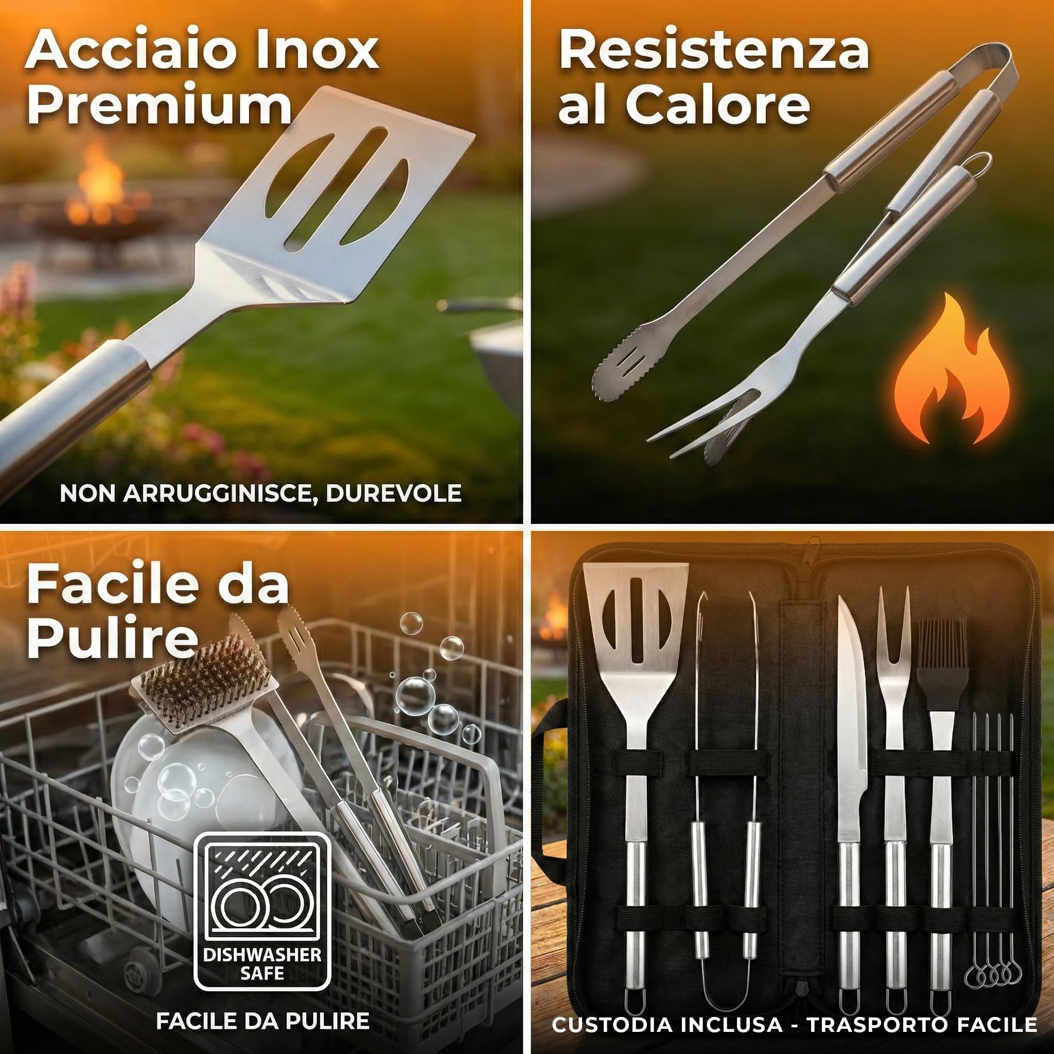 Set 9 Pezzi Utensili Barbecue – Attrezzi BBQ in Acciaio Inox con Custodia – Accessori Completi per Barbecue, Grigliate, Camino e Cottura al Forno