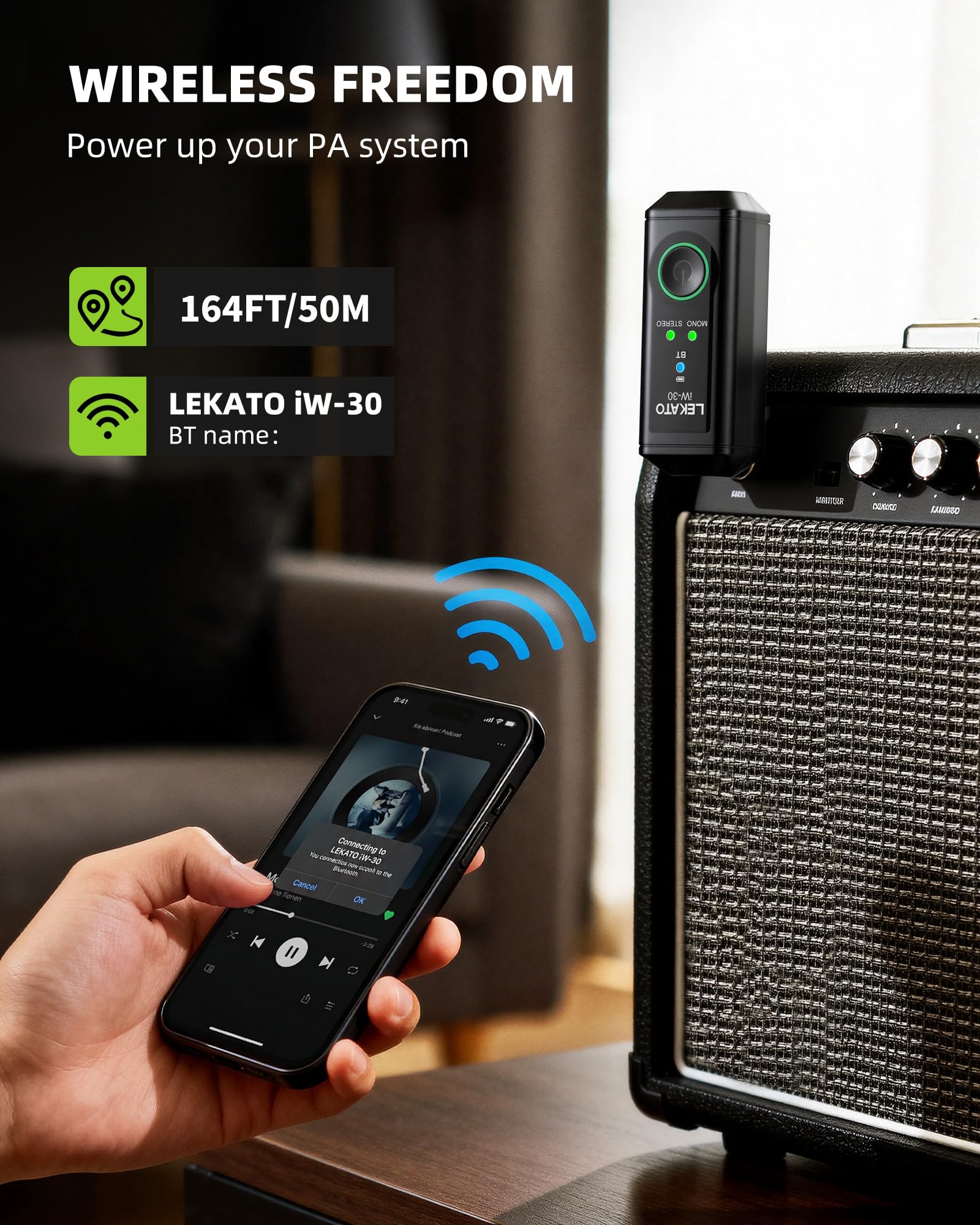 LEKATO iW-30 - Receptor Bluetooth de 6,35 mm, 2 receptores de alta fidelidad con rango de 50 m, receptor de audio inalámbrico estéreo con tiempo de reproducción de 15 horas, modo mono/estéreo