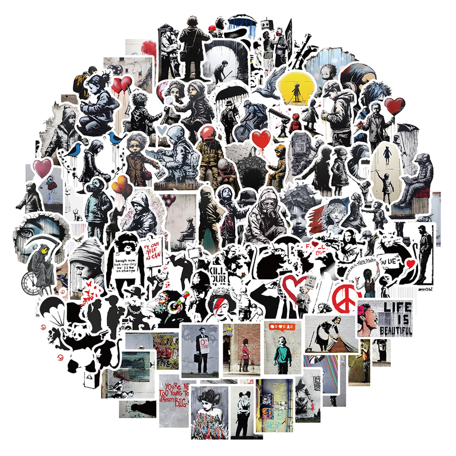 Banksy Sticker Set of 100 Pieces, Waterproof Decals, Stylish and Cool Design, Popular Stationery, Suitable for Snowboard, Skateboard, Luggage, Suitcase, Guitar, Water Bottle, Smartphone Case, Car : Of