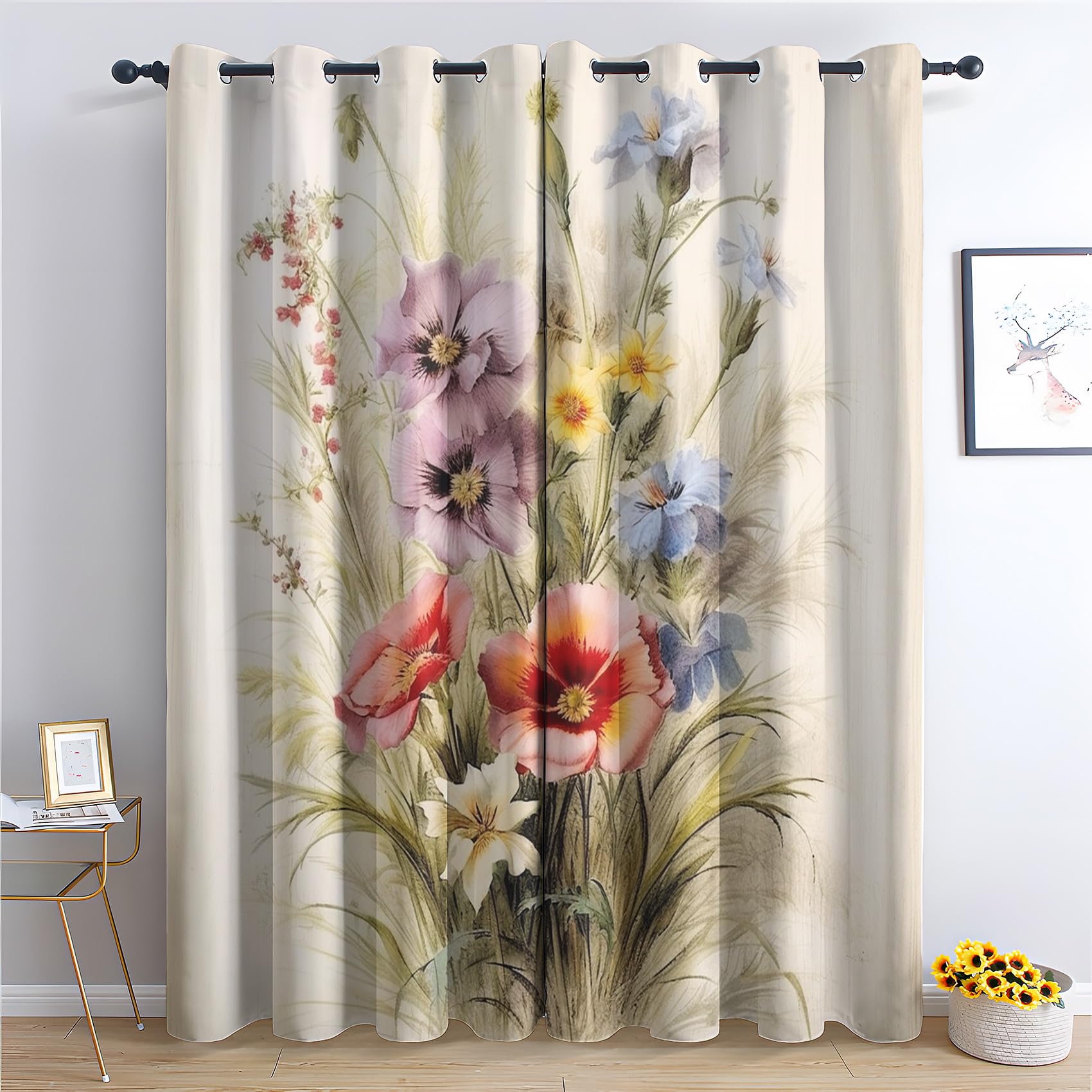 SZLYZM Wildflower Blackout Curtains for Bedroom living Room, Floral Plant Curtains 66x90, 90 Inch Drop Curtains 2 Panels Set, Thermal Eyelet Drapes Decorative Patterned Window Treatments (W5-&64)