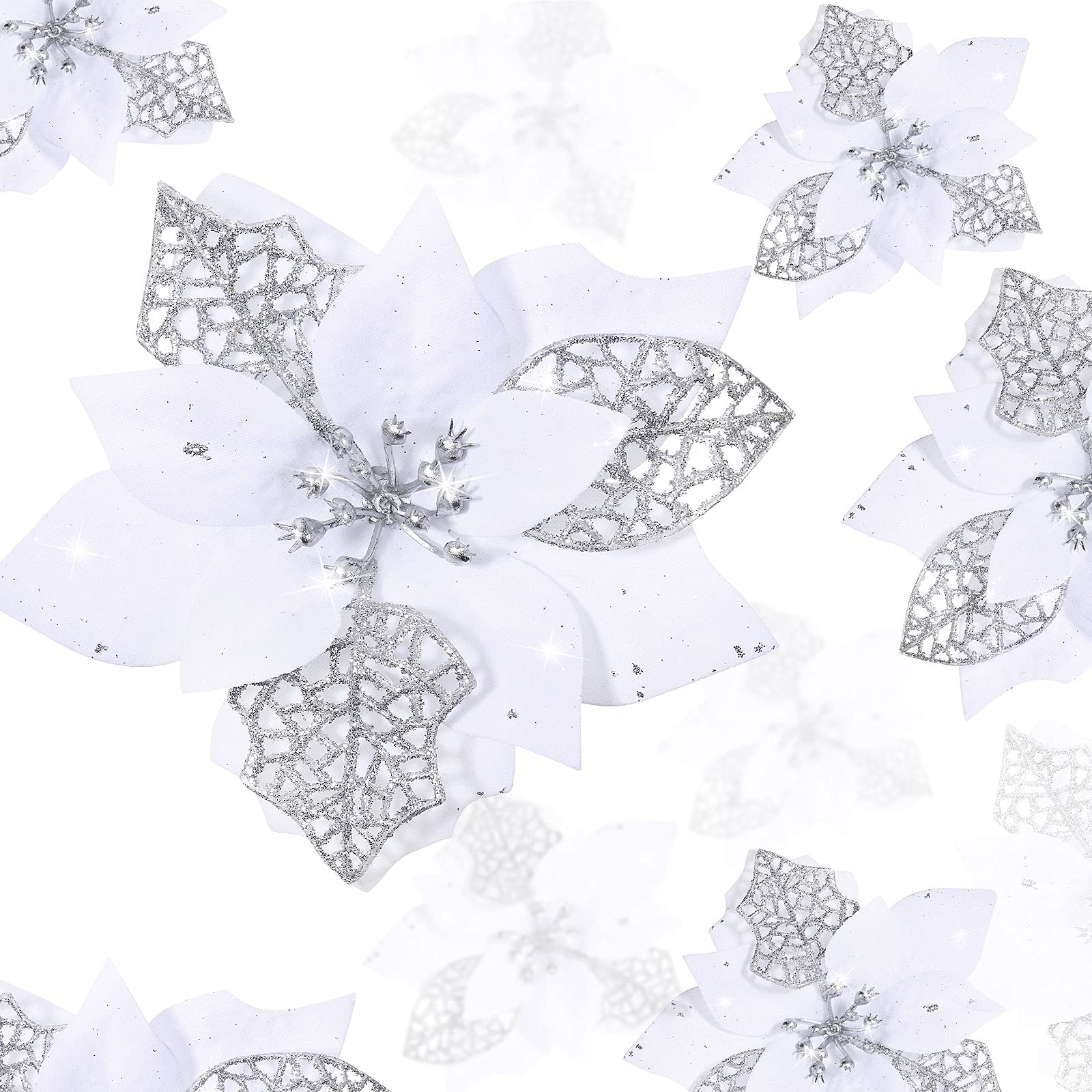 Boao 24 Pieces Christmas Glitter Poinsettia Flowers Glitter Artificial Xmas Flowers Wedding Christmas Tree New Year Ornaments (White)