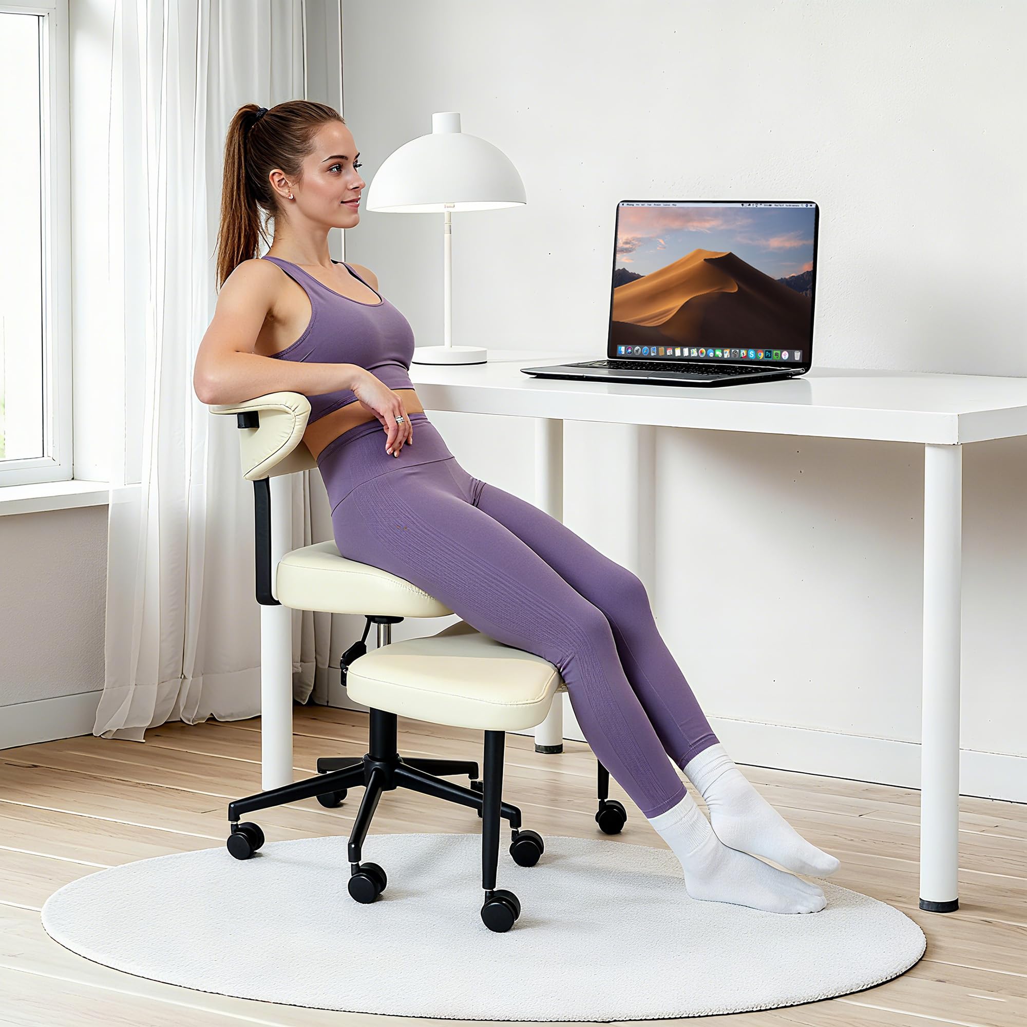 PYY Cross Legged Office Chair - with Wrap-Around Armrest, 300lbs Load Capacity Meditation Chair with Wheels for Adults, Adjustable Height Yoga Chair, Ergonomic Chair for Home and Office