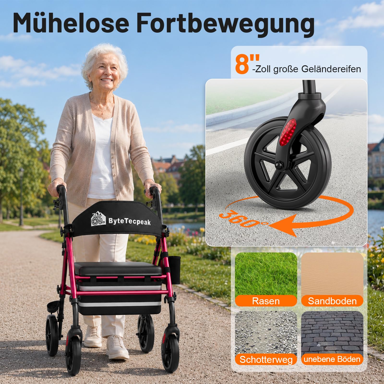 R4 Rollator faltbar und leicht mit Sitz, Rollatoren schmal für Wohnung, Rollatoren für Senioren klappbar mit 20 cm Reifen für All-Terrain, Sitz- und Griffhöhe verstellbar