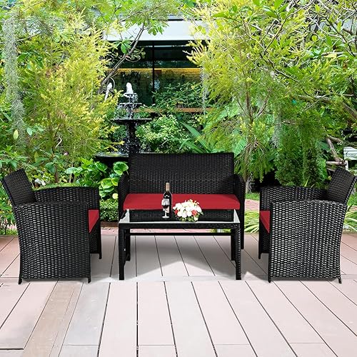 Miniatura 3 de Tangkula Juego de muebles de conversación de mimbre para patio, juego de sofá y mesa Patiojoy con 4 asientos, juego de sofá de ratán al aire libre