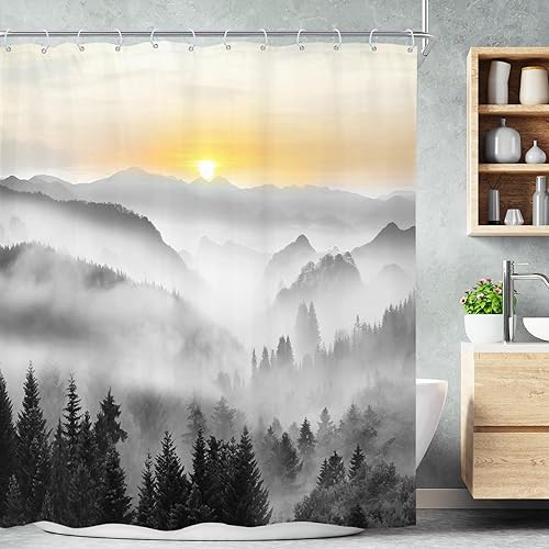 Miniatura 12 de Riyidecor Cortina de ducha de montaña verde rústica para baño, paisaje de bosque, paisaje, tela impermeable, paisaje alpino, decoración de baño