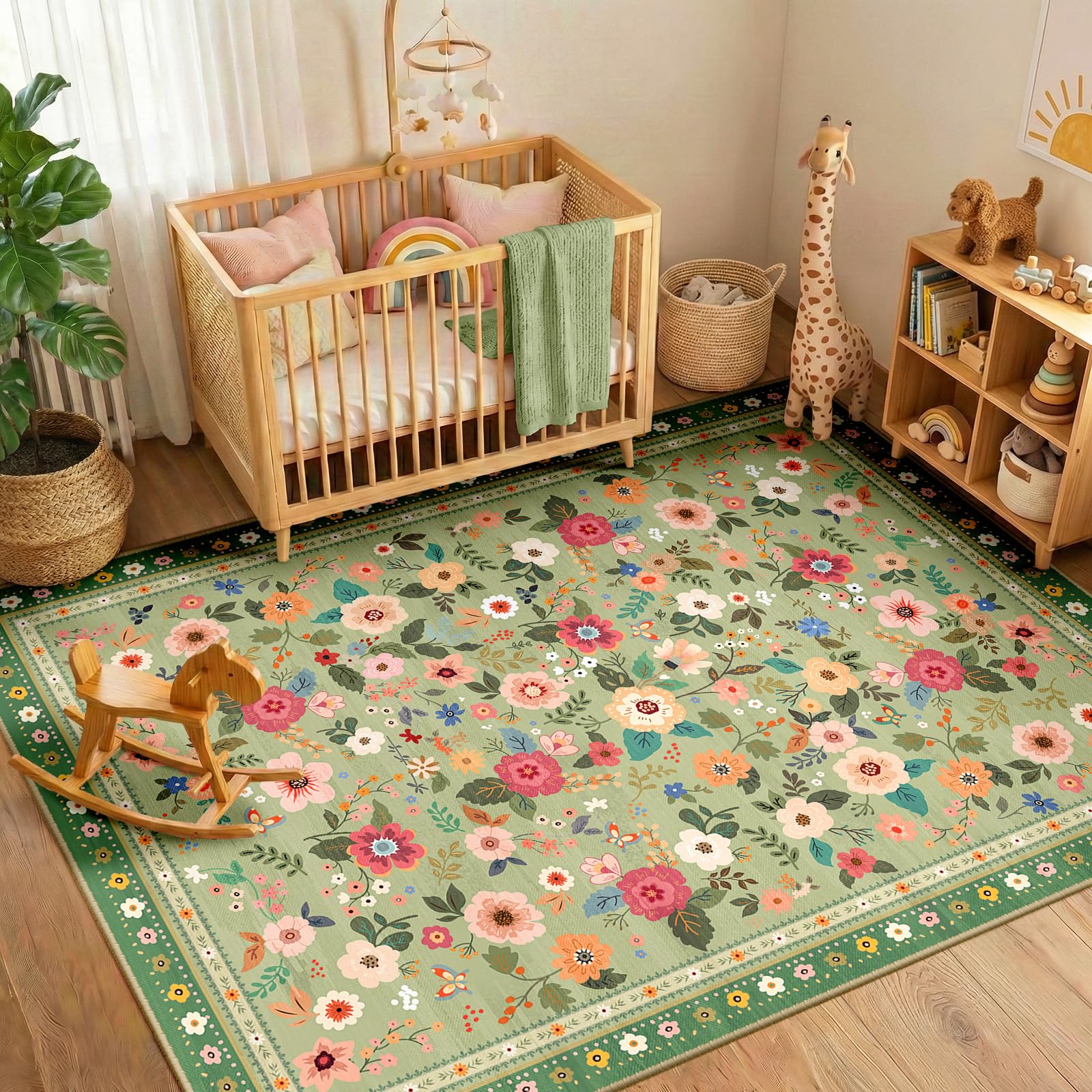 INOVADAY Waschbarer Teppich Boho Stil Kurzflor rutschfest Blumen Print Design Teppich für Wohnzimmer Schlafzimmer Esszimmer Büro Küche Flur Eingangshalle Badezimmer