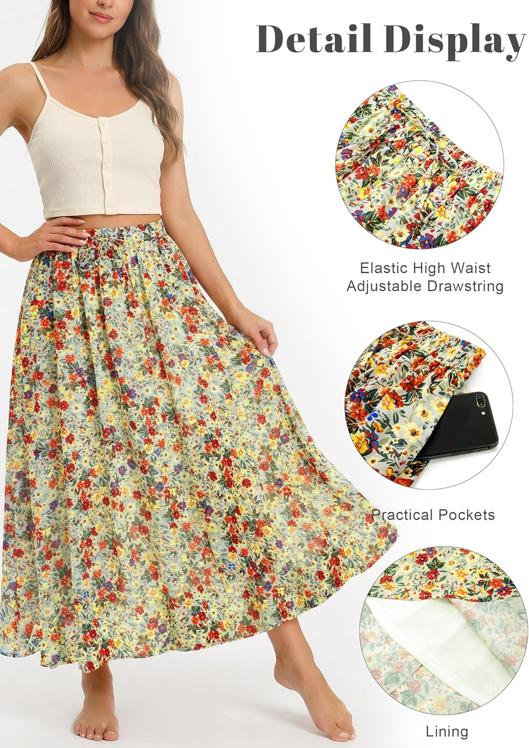 Maxi Skirt for Women Floral Boho A-line Long Summer Skirts with Elastic High Waist Adjustable Drawstring, Pockets - Image 4