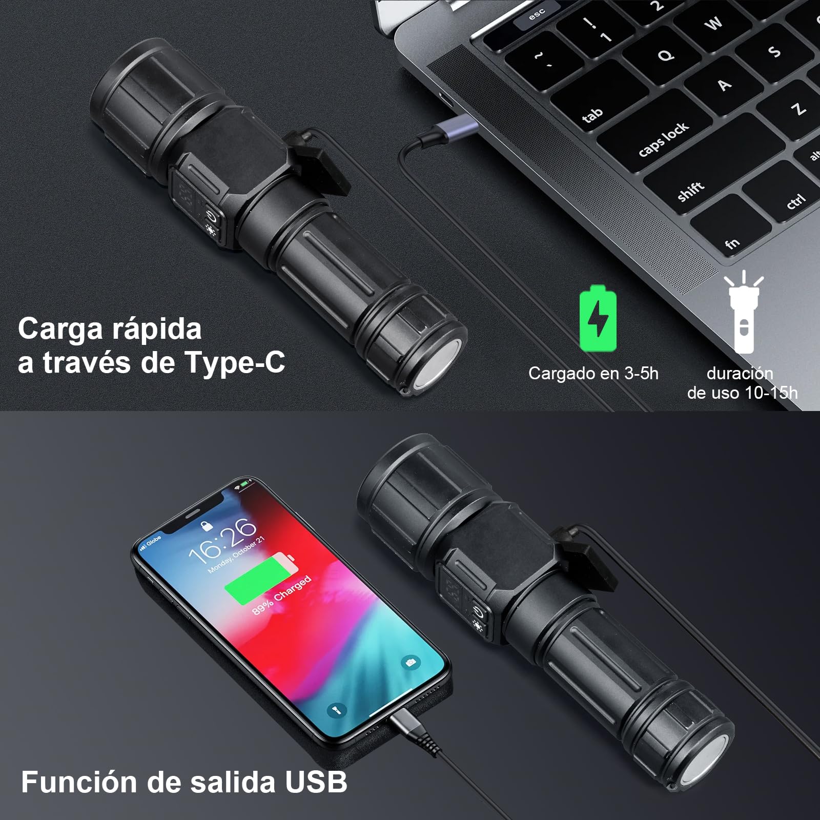 Tom-shine Súper Brillante Linterna LED con Zoom – Recargable USB-C 5000mAh, 9 Modos + Luz Lateral & Indicador de Batería, IPX4 Resistente a la Lluvia para Caza, Camping, Emergencias