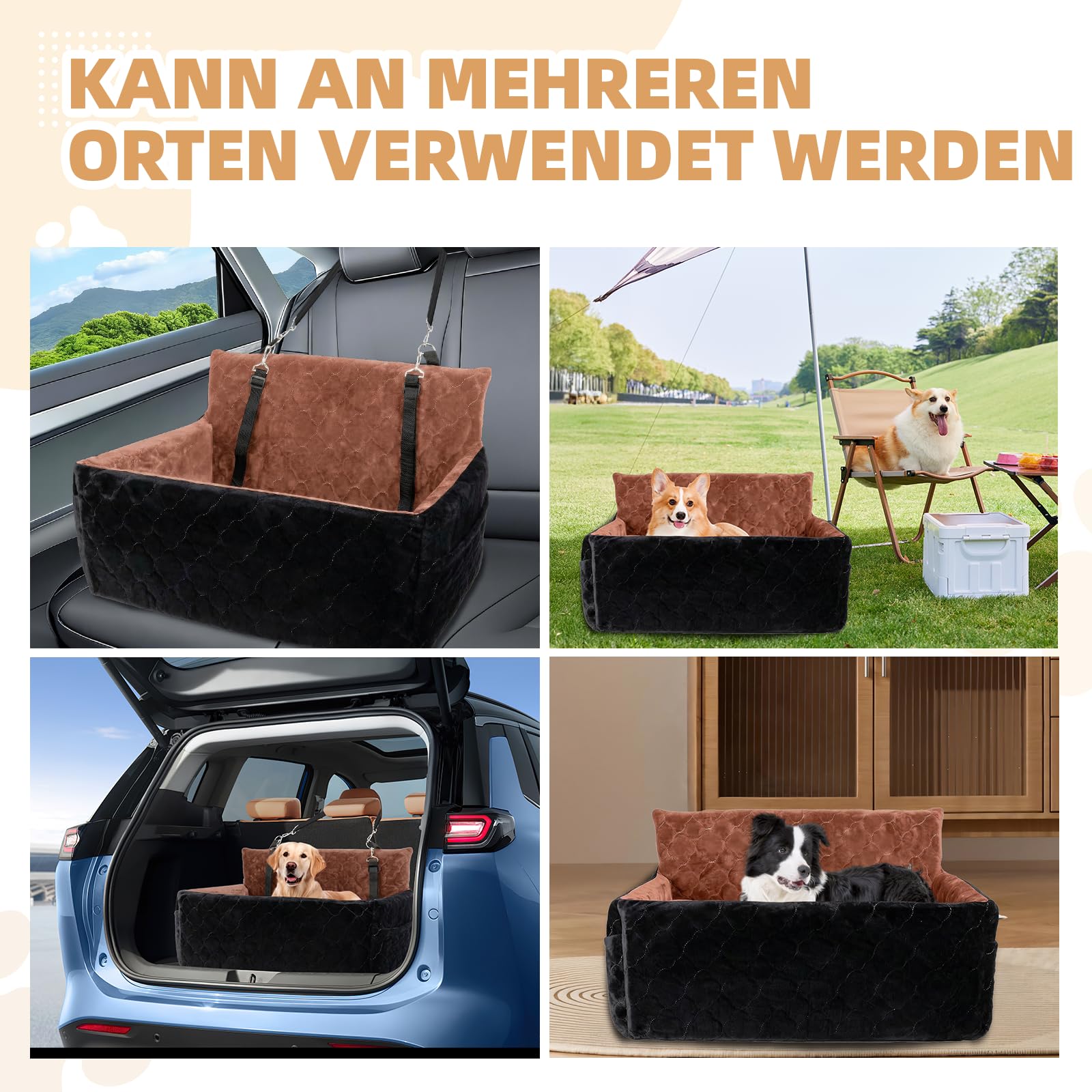 Hunde Autositz für mittlerer große Hunde, Abnehmbarer Hundesitz Auto bis zu 25kg mit 2 Sicherheitsleinen, Waschbarer Hundebett Auto für den Rücksitz,Braun+schwarz