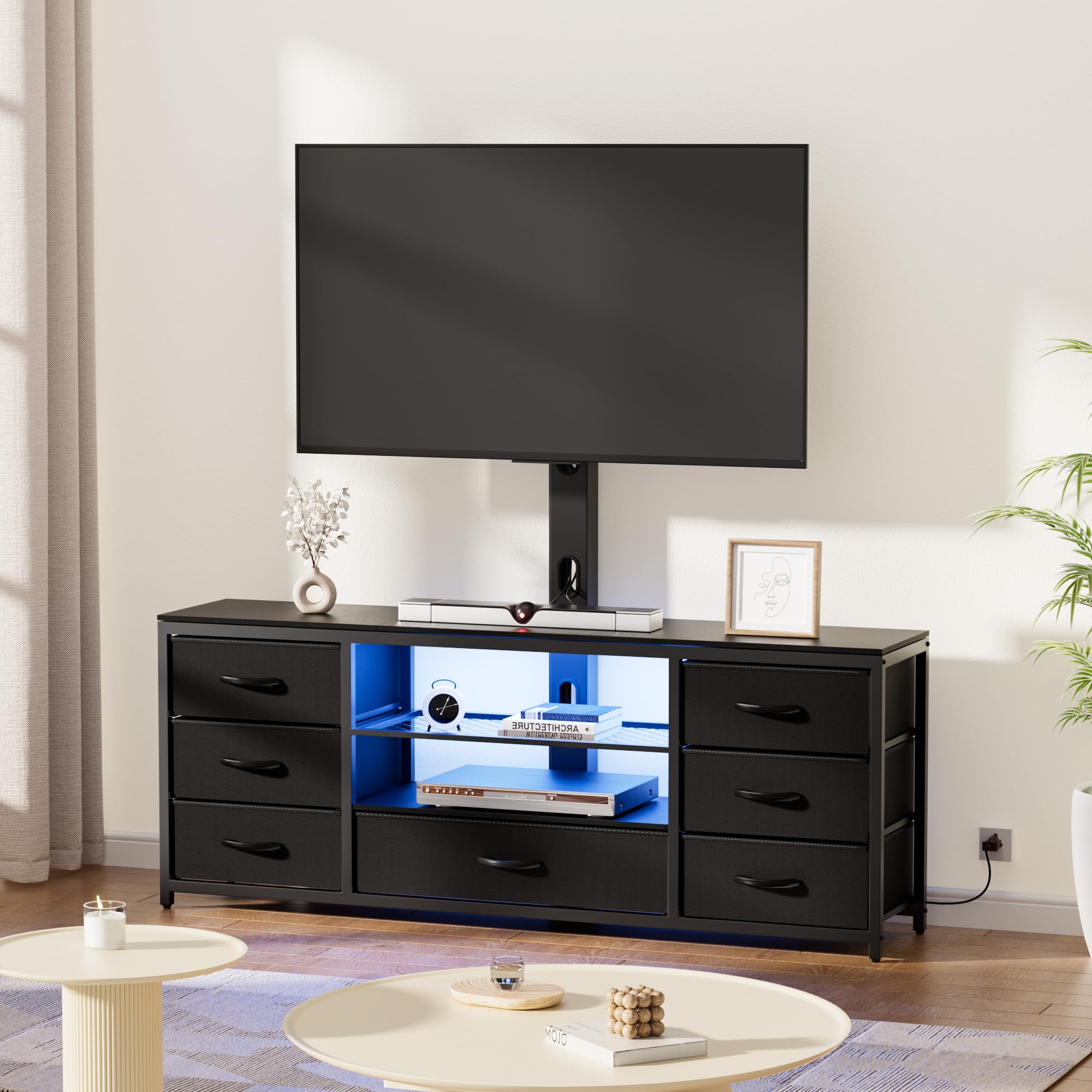 TV Stand with Mount and 7 Fabric Drawers, Led Entertainment Center with Power Outlets for 32 45 55 60 65 70 inch TVs, Black Dresser with Open Shelves, Media Console Cabinet for Living Room Bedroom