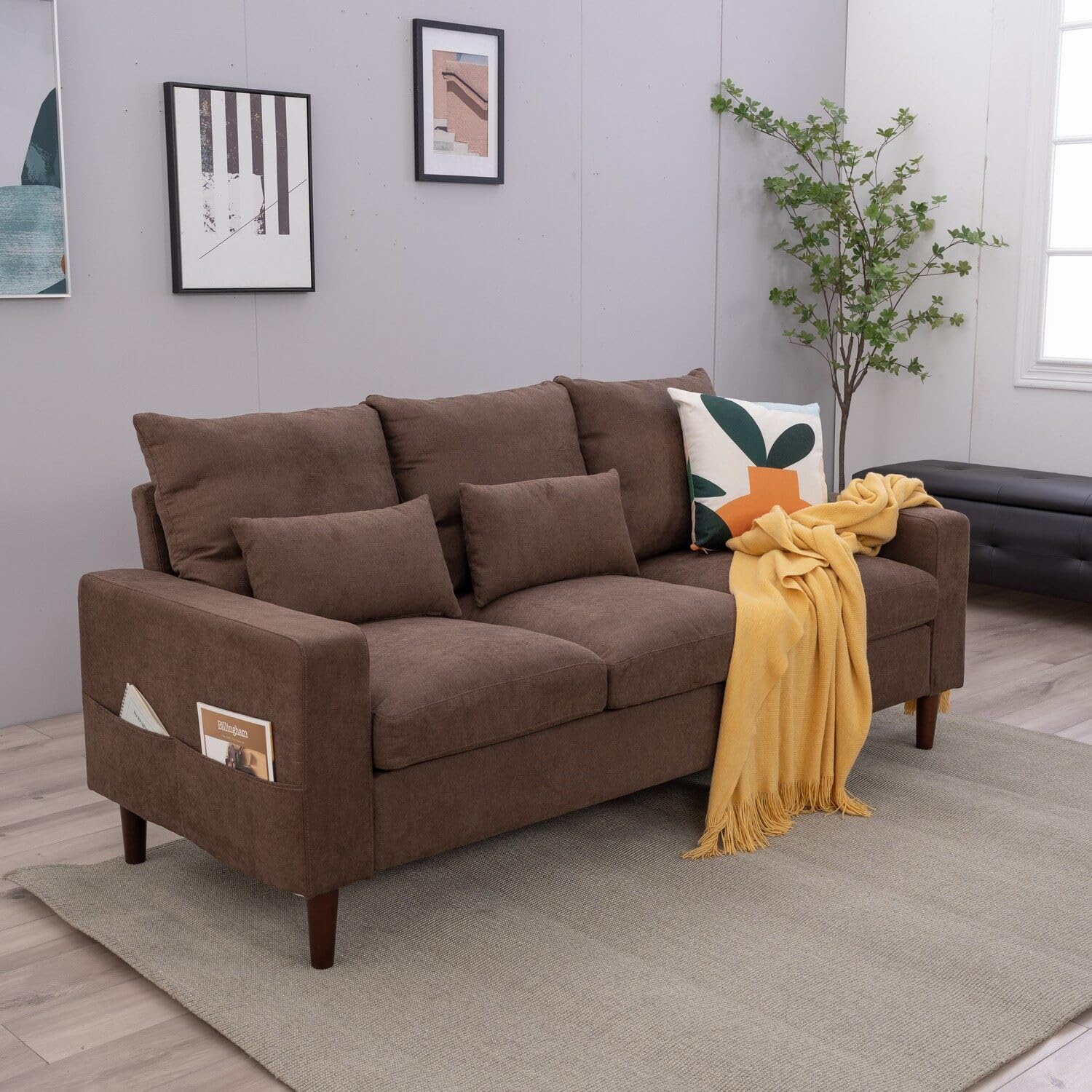Panana Fabric Sofa 1 2 or 3 Seater with Ottoman Footstool Set Options Settee Upholstered Living Room Furniture Set (3 Seater in Brown)