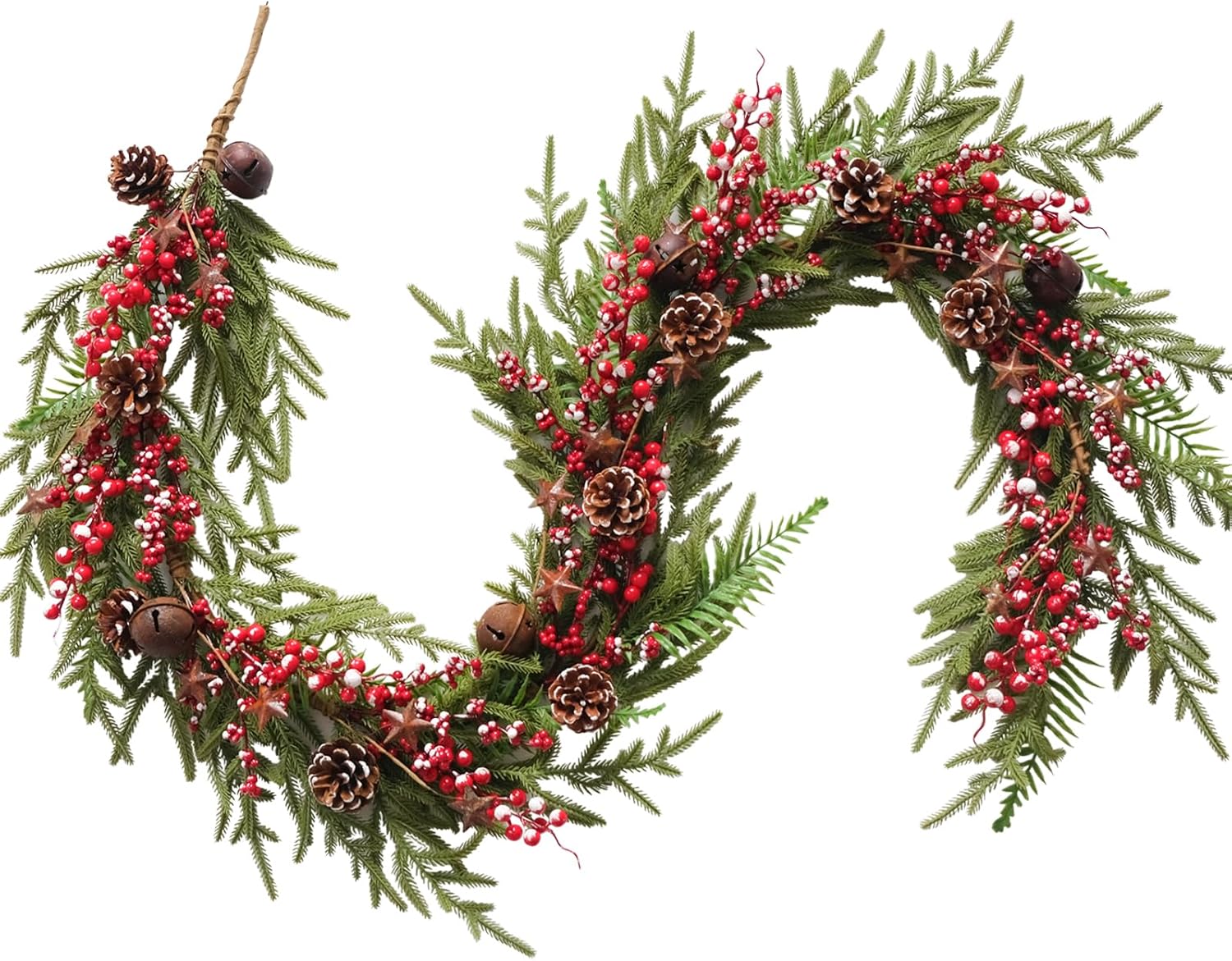 idyllic 6 Ft Realistic Christmas Garland- Dense Pine with Pine Cones Berries Metal Stars Bells Artificial Garland Ornament for Christmas Holiday Stair Mantle Fireplace Table Home Decor