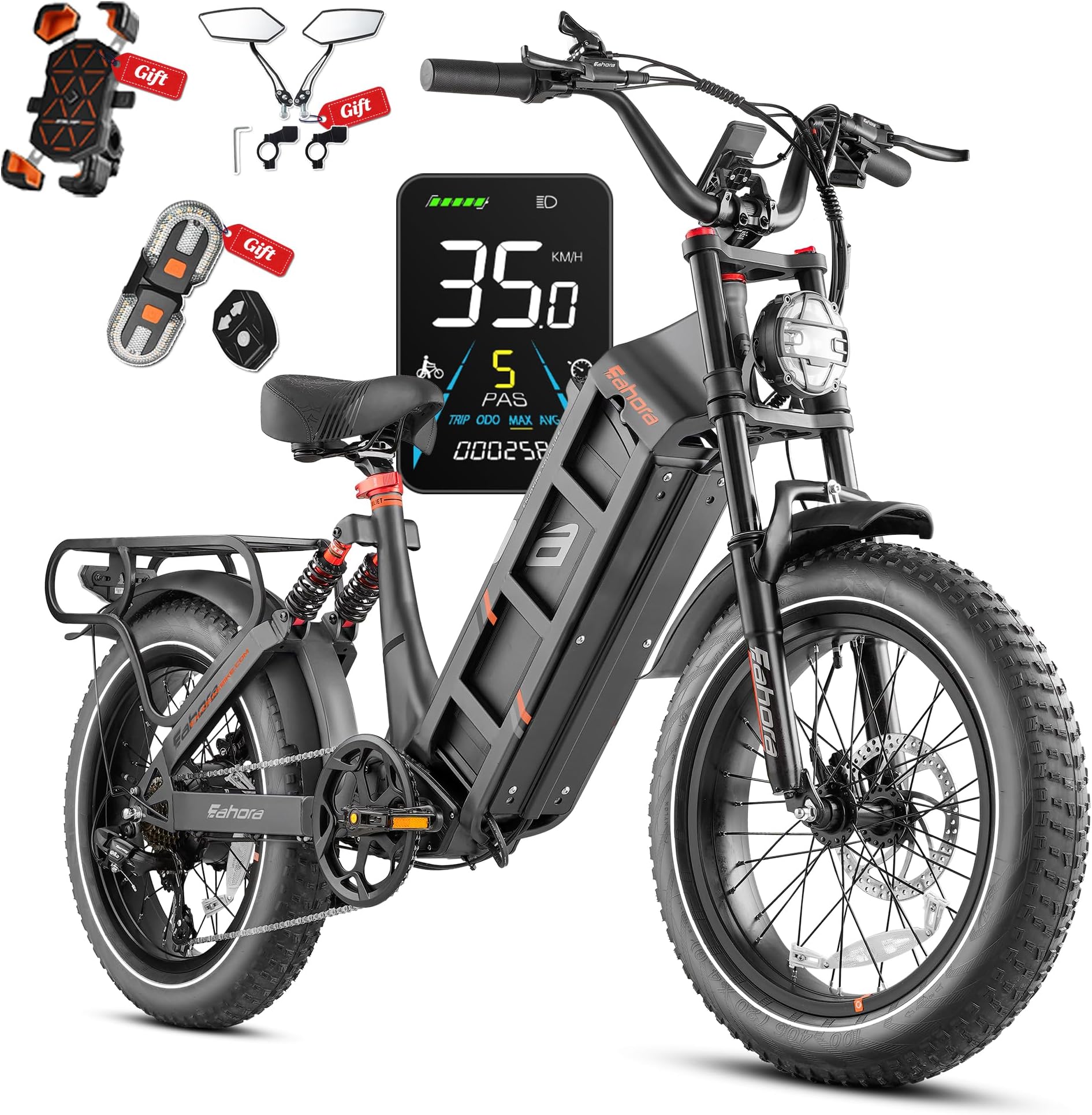 eAhora 2026 Juliet Pro 2 5400W/1200W Peak 43-34Mph Dual Motor | 60V/70Ah 48V/60Ah 200+Miles Long Range Ebike for Delivery and Commuting | 20'' Fat Tire Full Suspension Electric Bike for Adults