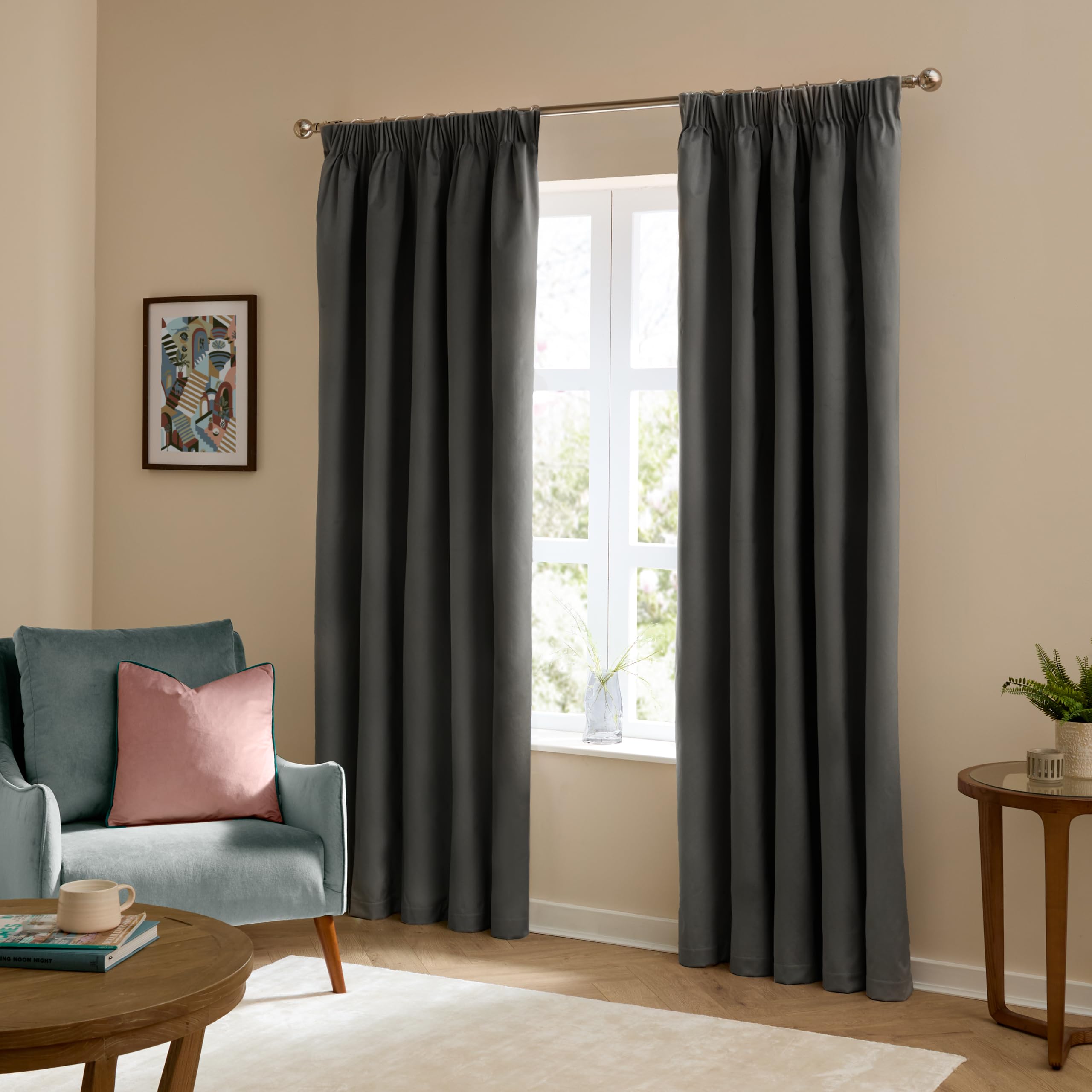 furn. The Ultimate Velvet Blackout Pencil Pleat Curtains (Grey-168x183cm)