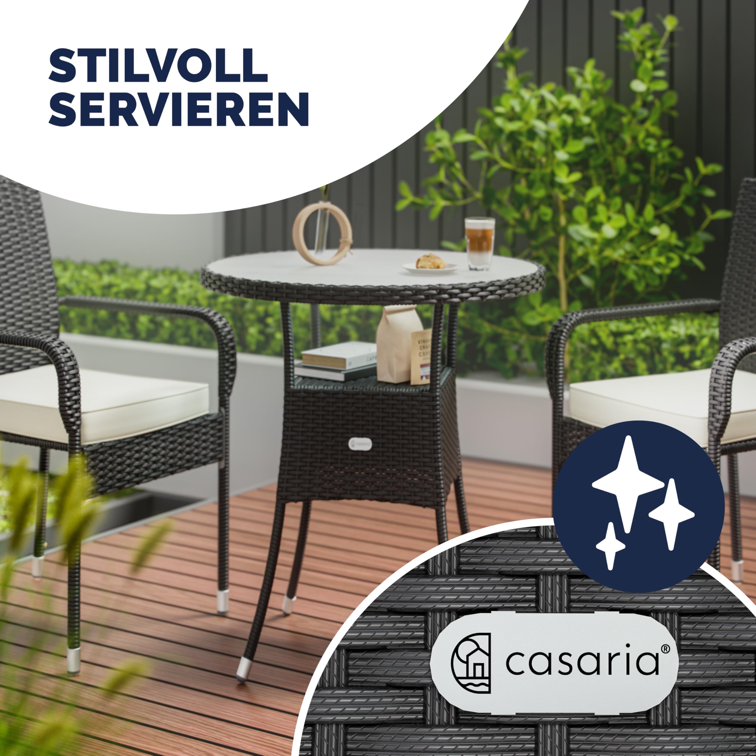 Casaria® Polyrattan Gartentisch 60cm Rund 5mm Sicherheitsglas Höhenverstellbar 80kg Belastbarkeit Wetterfest Terrasse Balkon Beistelltisch Tisch Schwarz